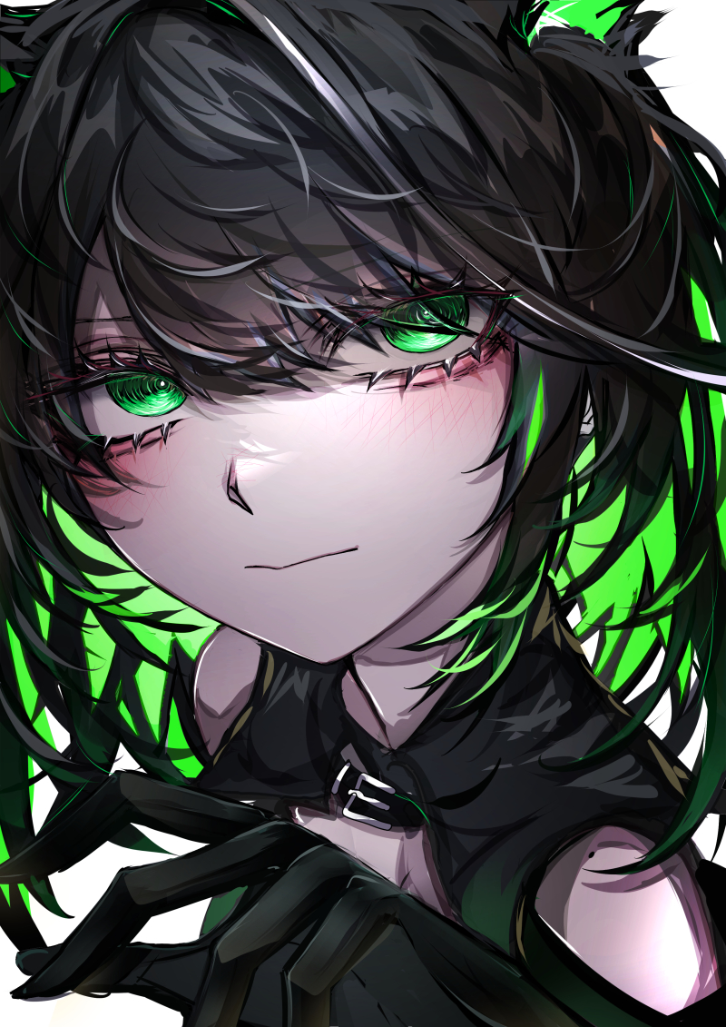 33 gaff, mon3tr (arknights), arknights, 1girl, aegyo sal, animal ear fluff, animal ears, arm up, black gloves, black hair, blush, closed mouth, colored inner hair, eyelashes, gloves, green eyes, green hair, looking at viewer, multicolored hair, simple background, solo, upper body, white background