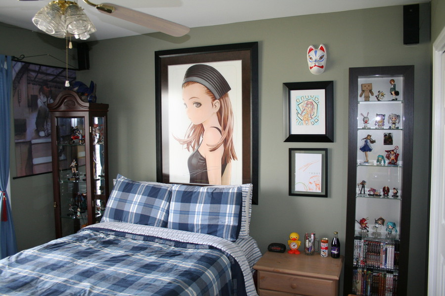 murata range, danboo, ga-ko, hachune miku, hatsune miku, miyafuji yoshika, yoko littner, gunslinger girl, metal gear (series), metal gear solid, metal gear solid 4: guns of the patriots, serial experiments lain, strike witches, tengen toppa gurren lagann, vocaloid, world witches series, non-web source, photo (medium), 00s, 1990s (style), bed, black eyes, black hair, blue eyes, blue hair, brown eyes, brown hair, figure, flat chest, fox mask, long hair, mask, no humans, otaku room, retro artstyle