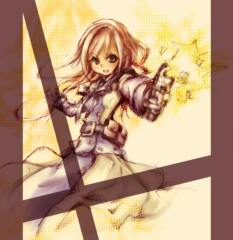 marumari shia, reanbell, end of eternity, 1girl, belt, blonde hair, female focus, gun, handgun, pistol, solo, weapon