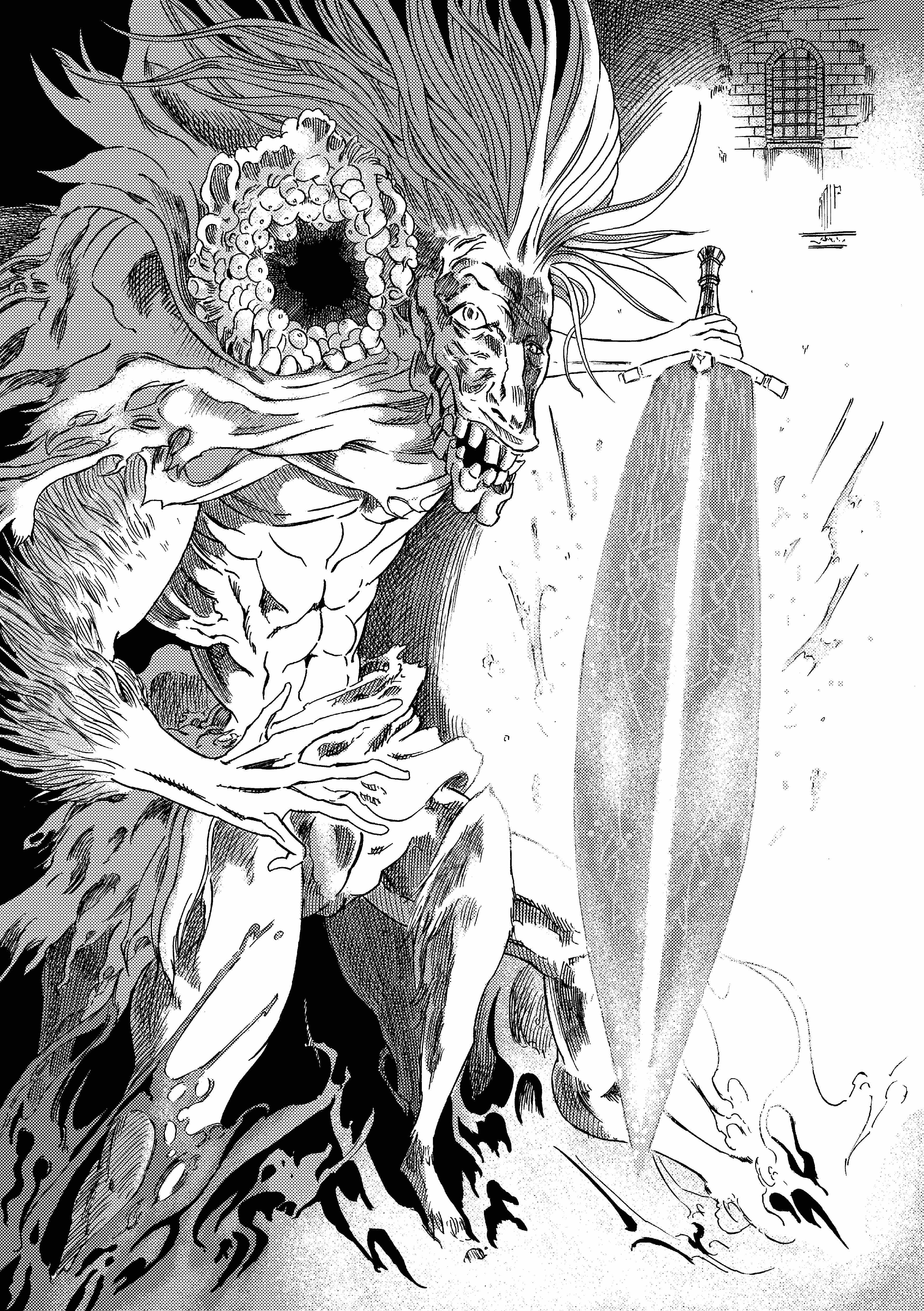 913kousatu, ludwig the accursed, bloodborne, absurdres, commentary request, highres, cape, full body, greyscale, holding, holding sword, holding weapon, horse, looking at viewer, monochrome, monster, moonlight greatsword, no humans, open mouth, solo, standing, sword, teeth, torn cape, torn clothes, weapon