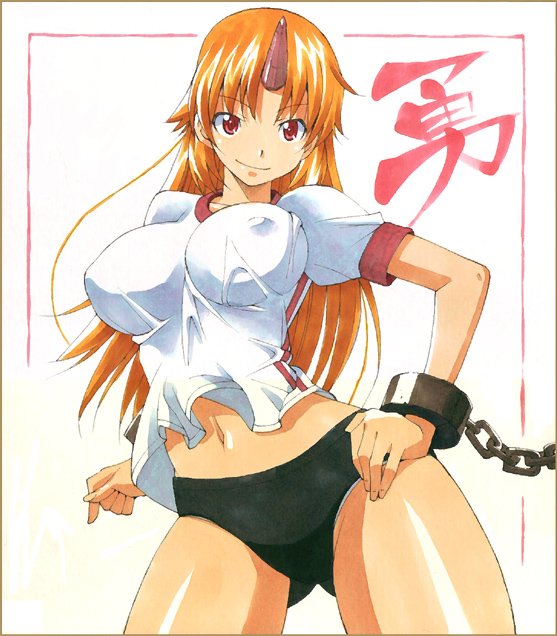 nakamura yukitoshi, hoshiguma yuugi, touhou, bad id, bad pixiv id, 1girl, alternate costume, breasts, breasts apart, buruma, chain, chained, covered erect nipples, cuffs, female focus, gym uniform, hand on own hip, hip focus, horns, impossible clothes, impossible shirt, large breasts, long hair, midriff, orange hair, red eyes, shirt, single horn, smile, solo