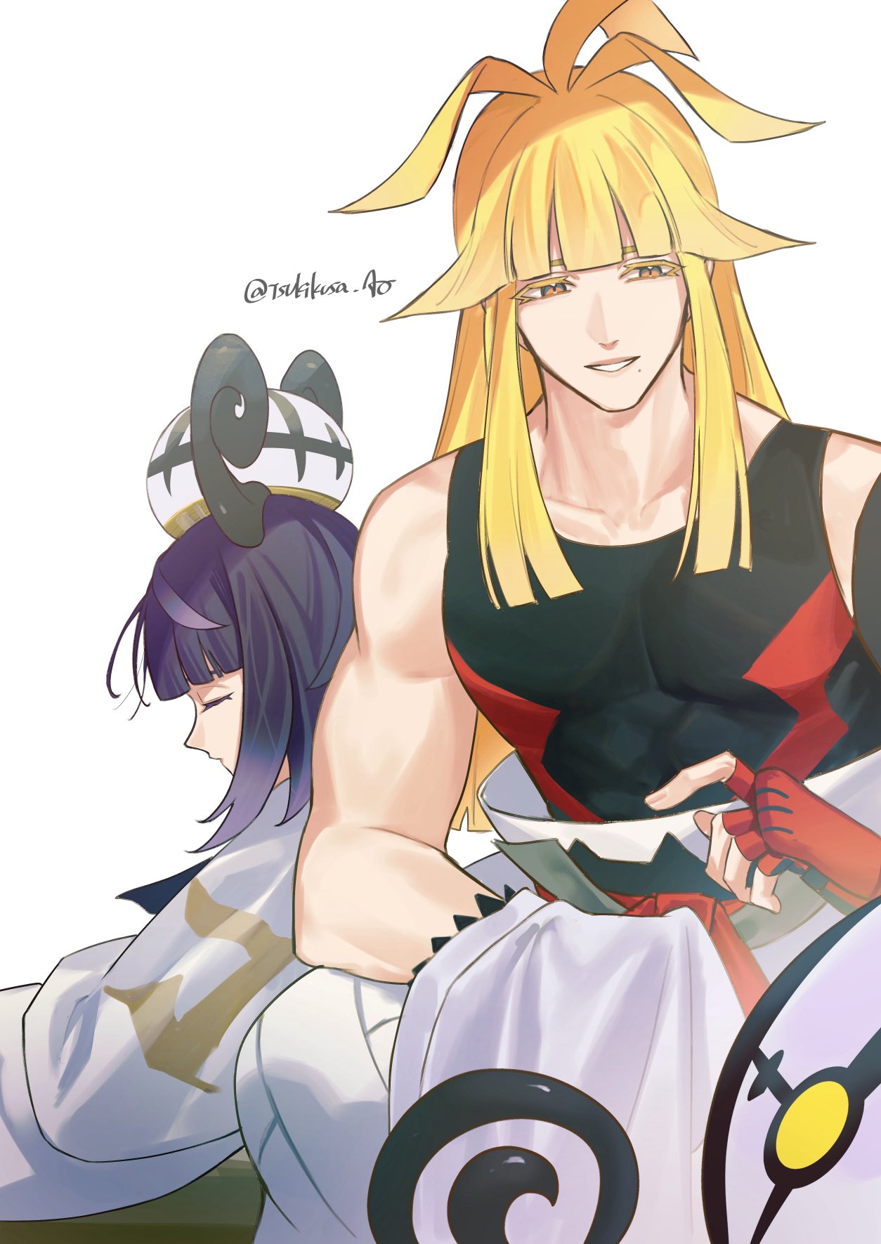 tsukikusa ao, chandelure, gwynn (pokemon), ivor (pokemon), nintendo, pokemon, pokemon legends: z-a, commentary request, highres, 1boy, 1girl, black shirt, blonde hair, brother and sister, coat, gen 5 pokemon, hat, long hair, mole, mole under mouth, parted lips, pokemon (creature), purple hair, red eyes, shirt, short hair, siblings, sleeping, sleeveless, sleeveless shirt, smile, twitter username, white background, white coat