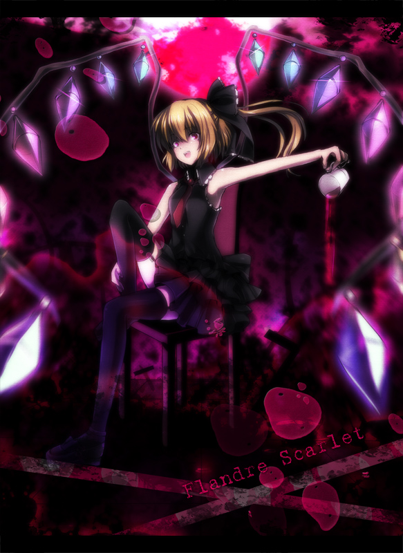 6u (eternal land), kiyu, flandre scarlet, embodiment of scarlet devil, touhou, bad id, bad pixiv id, 1girl, blonde hair, female focus, ponytail, red eyes, short hair, side ponytail, solo, thighhighs, wings