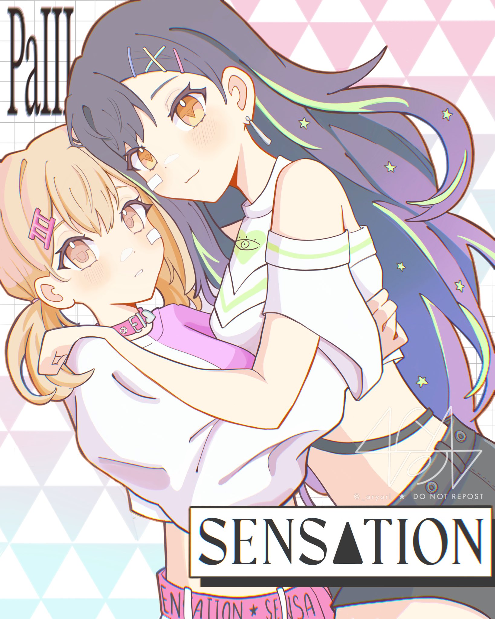 azusawa kohane, shiraishi an, project sekai, commentary, english commentary, highres, 2girls, aryorl, bandaid, bandaid on face, black hair, black shorts, blonde hair, closed mouth, clothing cutout, collar, green streaks, hair ornament, long hair, looking at viewer, midriff, multiple girls, parted lips, pink collar, pink shirt, shirt, shorts, shoulder cutout, smile, star (symbol), star hair ornament, twintails, white shirt, yellow eyes, yuri
