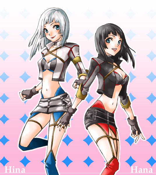 hitsuji nana, youshichi, hana (last remnant), hannah (last remnant), hina (last remnant), hinnah (last remnant), the last remnant, silver hair, 2girls, :d, belt, breasts, brown eyes, buckle, cleavage, looking back, midriff, miniskirt, multiple girls, navel, open mouth, skirt, smile, stomach, thigh strap