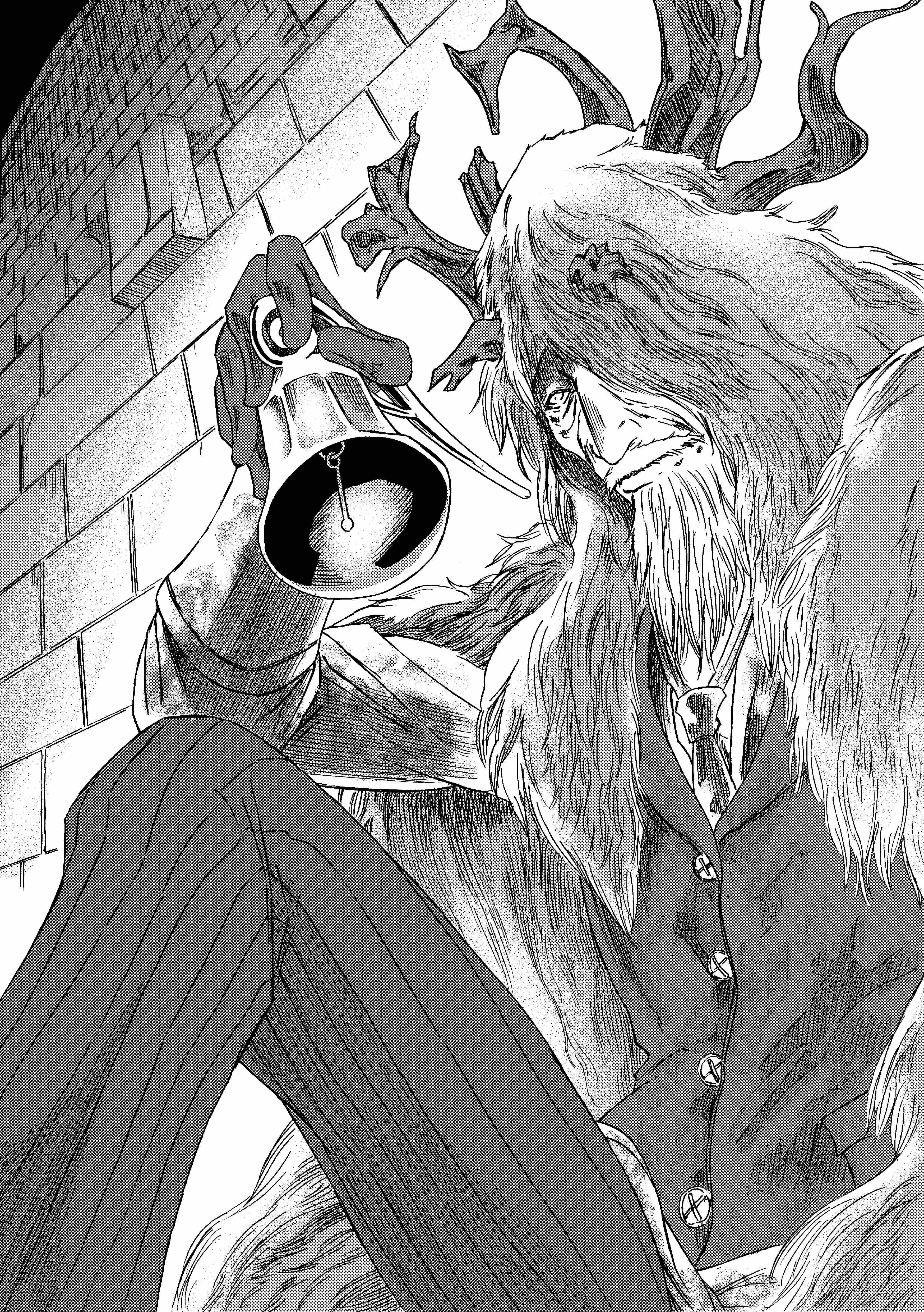 913kousatu, brador, bloodborne, absurdres, commentary request, highres, 1boy, antlers, beard, bell, brick wall, closed mouth, facial hair, feet out of frame, greyscale, holding, holding bell, horns, male focus, monochrome, necktie, pants, shirt, sitting, smile, solo, vest