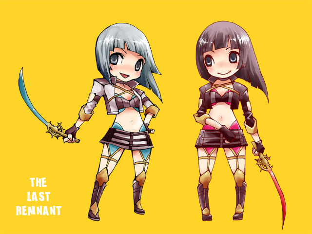hitsuji nana, youshichi, hana (last remnant), hannah (last remnant), hina (last remnant), hinnah (last remnant), the last remnant, 2girls, chibi, midriff, multiple girls, sword, weapon