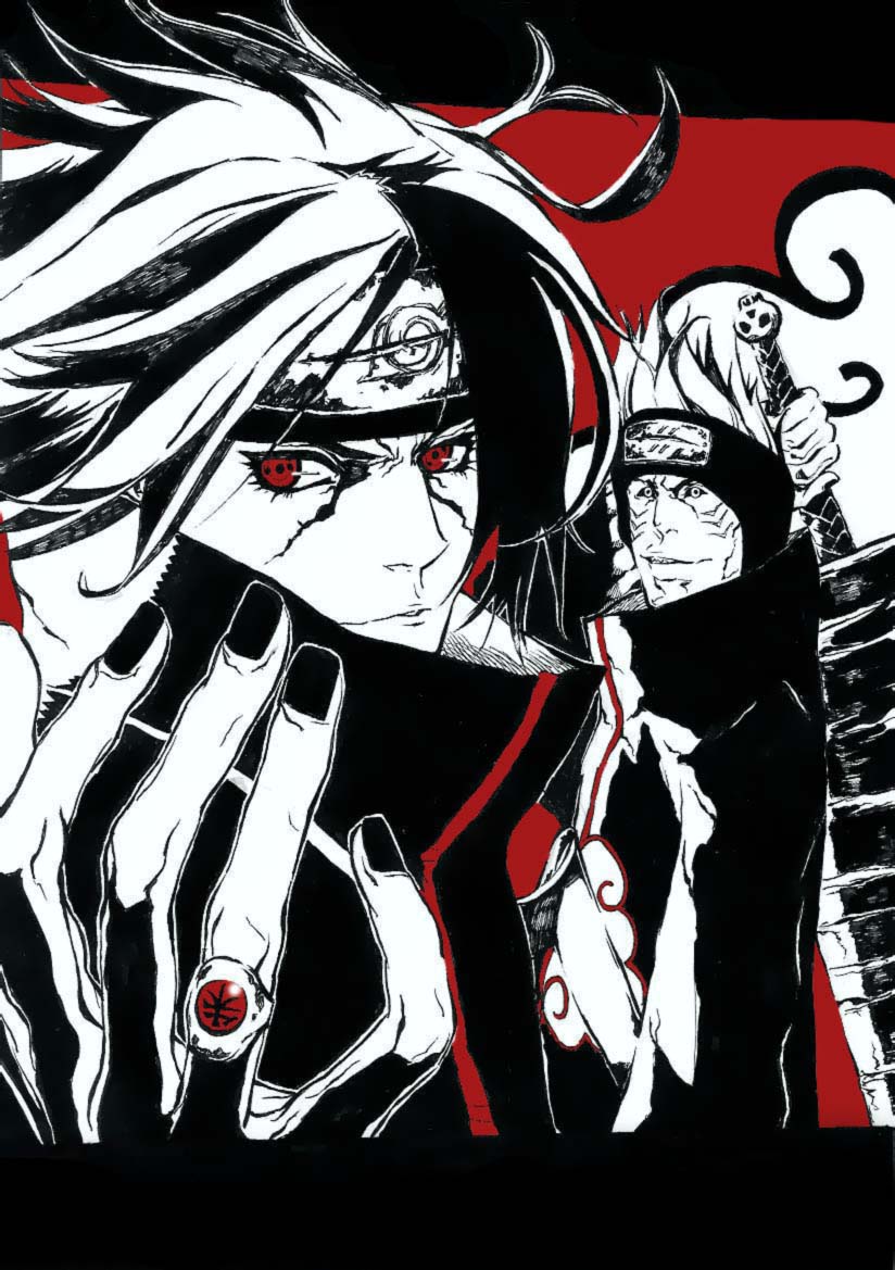 therockerrabbit, hoshigaki kisame, uchiha itachi, naruto (classic), naruto (series), self-upload, 2boys, akatsuki (naruto), eyelashes, gills, headband, jewelry, letterboxed, male focus, monochrome, multiple boys, red eyes, ring, samehada (sword), scar, sharingan, sword, weapon