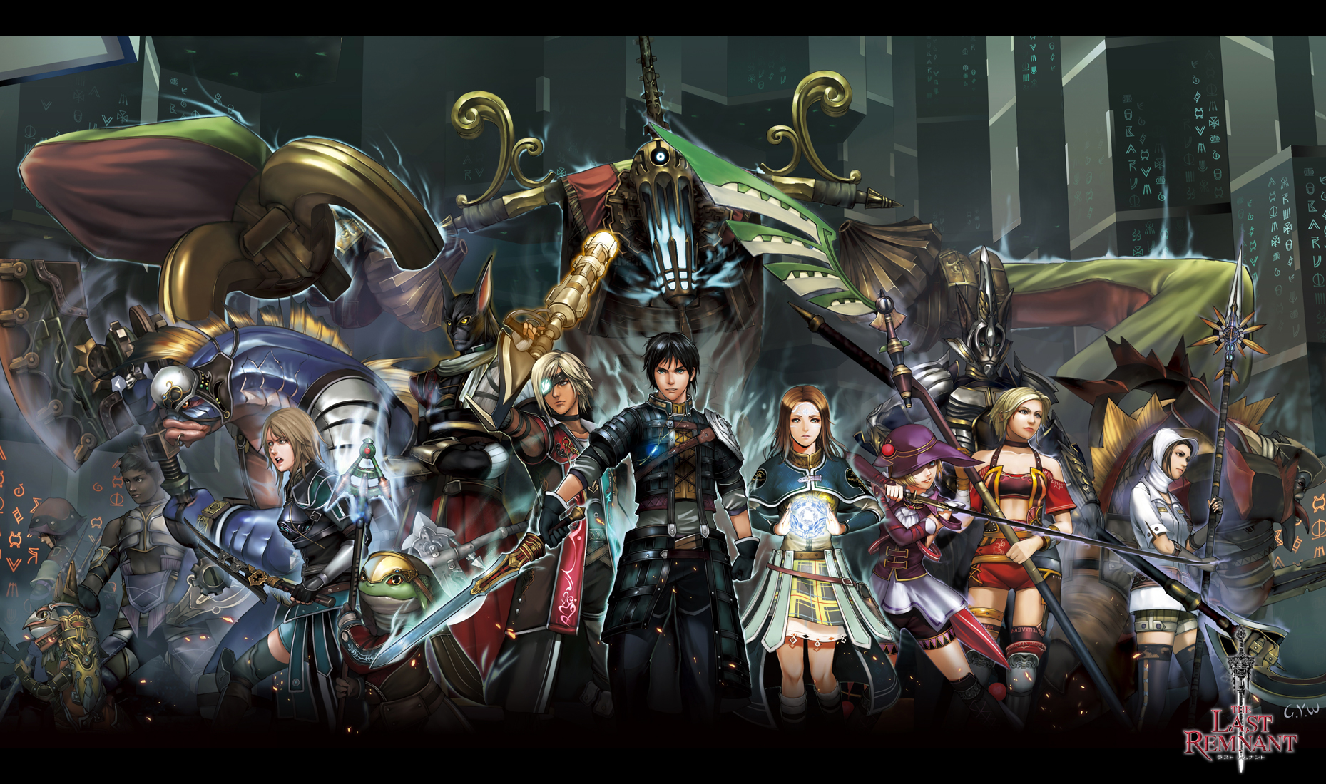 gyworz, blocter, caedmon, david nassau, emma honeywell ii, irina sykes, khrynia, nora (last remnant), pagus, rhagoh, rush sykes, torgal, the last remnant, highres, 6+boys, 6+girls, armor, axe, bike shorts, black hair, blonde hair, brown hair, choker, cyclops, darien, dark skin, emmy honeywell, everyone, eyepatch, face piercing, fantasy, glowing, gun, hat, lip piercing, magic, midriff, monster, multiple boys, multiple girls, one-eyed, piercing, polearm, short hair, shorts, spear, sword, thigh strap, thighhighs, weapon