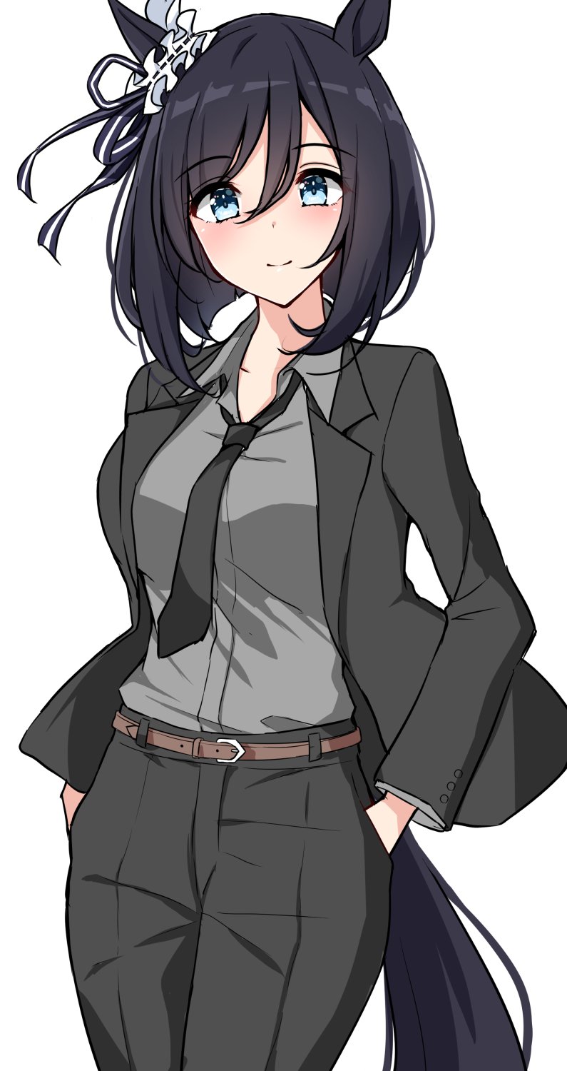 yukiya (shiya), eishin flash (umamusume), umamusume, highres, 1girl, animal ears, belt, black hair, black jacket, black necktie, black pants, blue eyes, blush, breasts, brown belt, closed mouth, grey shirt, hair between eyes, hands in pockets, horse ears, horse girl, horse tail, jacket, long sleeves, looking at viewer, medium breasts, necktie, open clothes, open jacket, pants, shirt, short hair, simple background, smile, solo, tail, white background