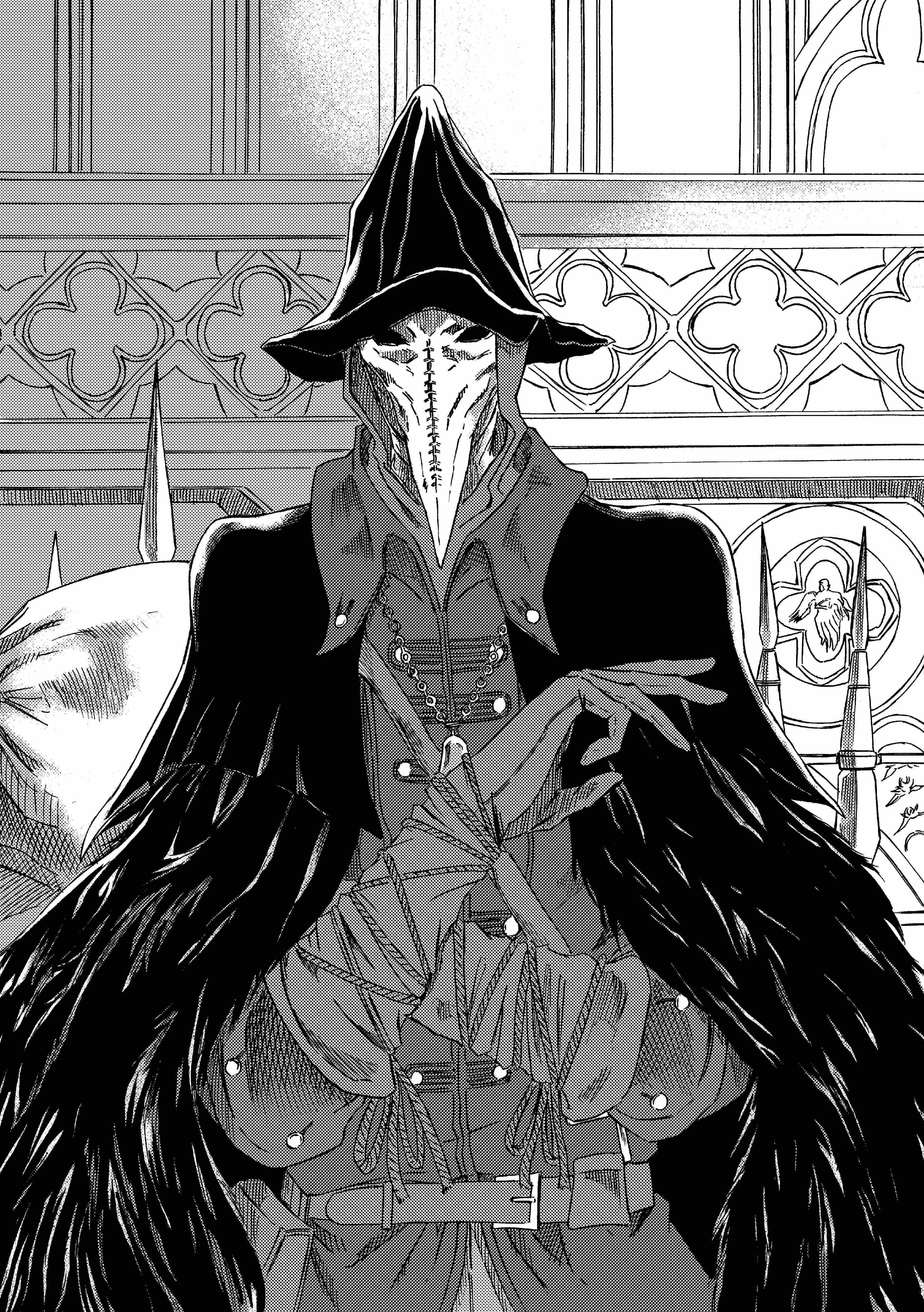 913kousatu, eileen the crow, bloodborne, absurdres, commentary request, highres, 1girl, cape, collared shirt, fence, gloves, greyscale, hat, mask, masked, monochrome, plague doctor mask, shirt, solo, upper body