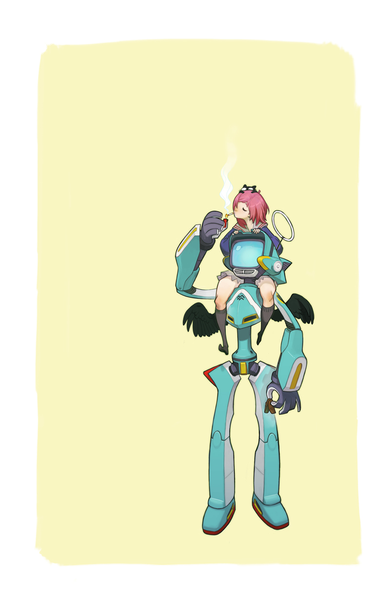 joy ang, canti, samejima mamimi, flcl, highres, 00s, halo, robot, smoking, wings