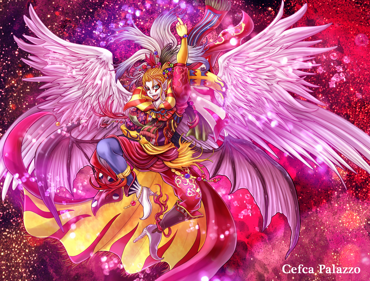 gem (ddt), gem (pixiv), cefca palazzo, dissidia final fantasy, final fantasy, final fantasy vi, bad id, bad pixiv id, 1990s (style), 1boy, aqua eyes, blonde hair, character name, clown, male focus, solo, wings