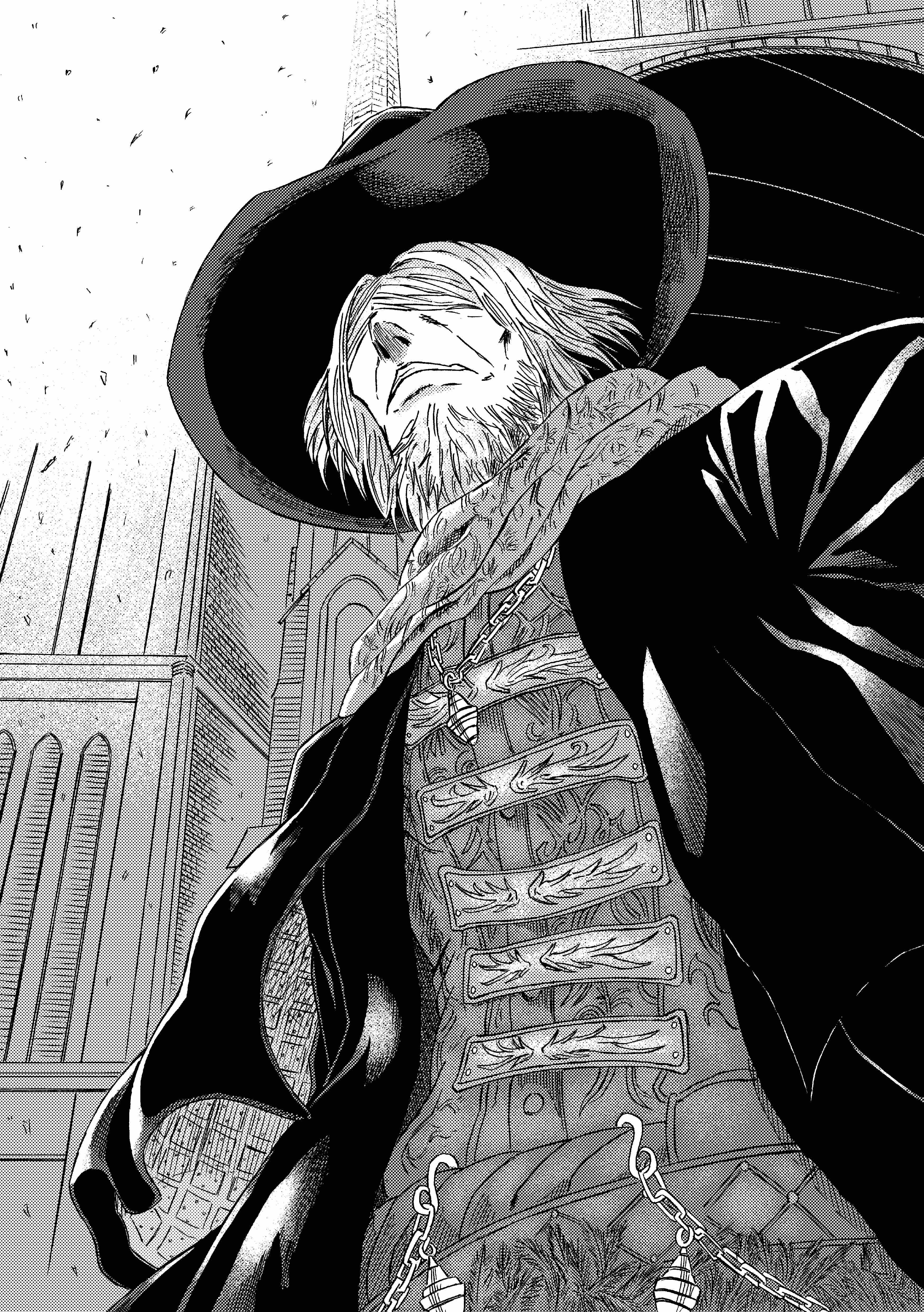 913kousatu, father gascoigne, gehrman the first hunter, bloodborne, absurdres, commentary request, highres, 1boy, beard, blindfold, building, facial hair, greyscale, hat, jacket, male focus, monochrome, open clothes, open jacket, shirt, short hair, solo, upper body