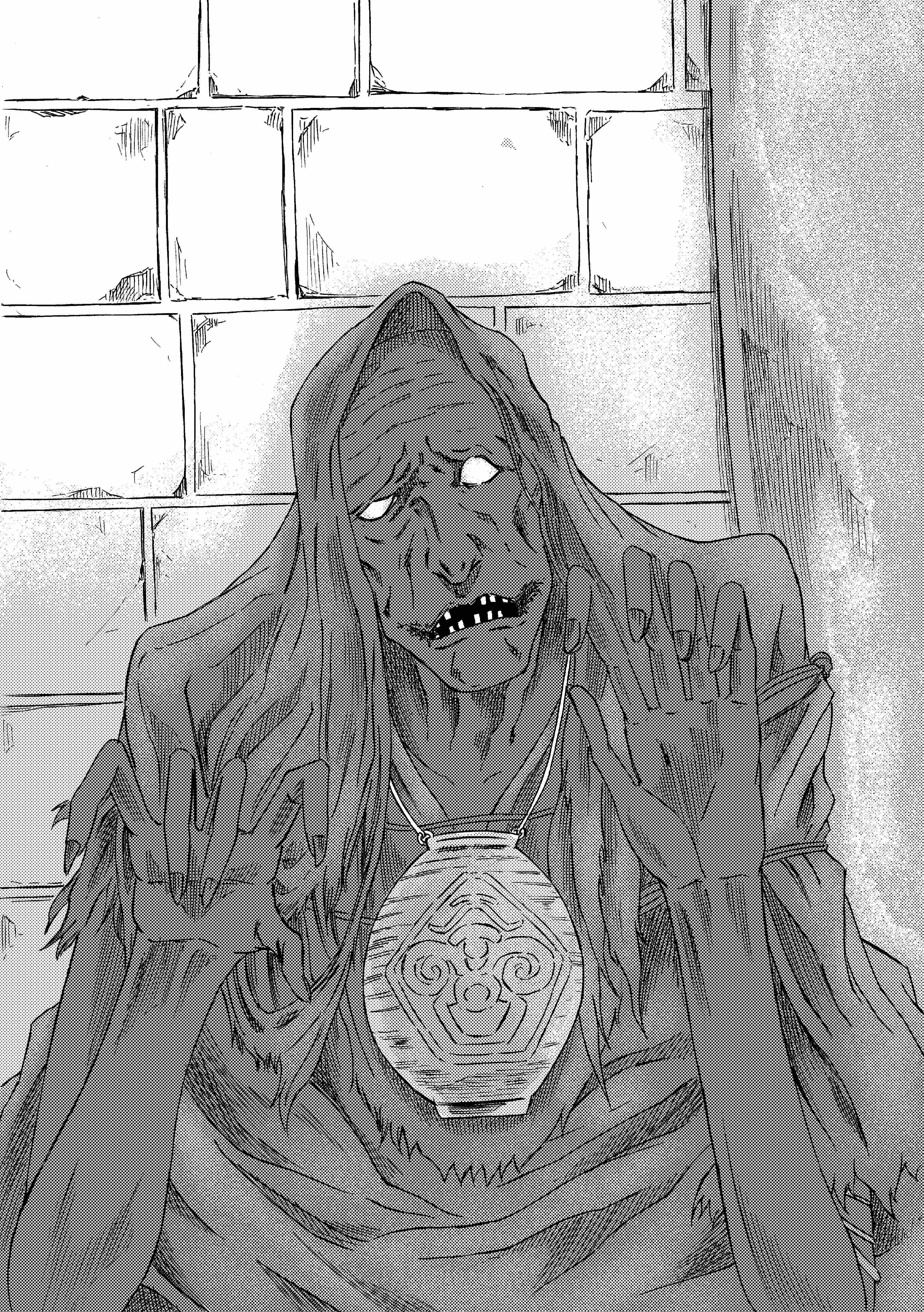 913kousatu, bloodborne, absurdres, commentary request, highres, 1boy, greyscale, hood, hood up, jewelry, jug (bottle), male focus, monochrome, necklace, no pupils, no teeth, oedon chapel dweller, open mouth, smile, solo, undead, upper body