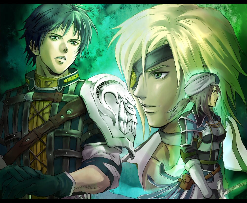 ko san, david nassau, emma honeywell, rush sykes, the last remnant, 1girl, 2boys, armor, bandana, black gloves, black hair, blonde hair, breastplate, breasts, buckle, eyepatch, from side, gloves, helmet, long sleeves, multiple boys, profile, upper body