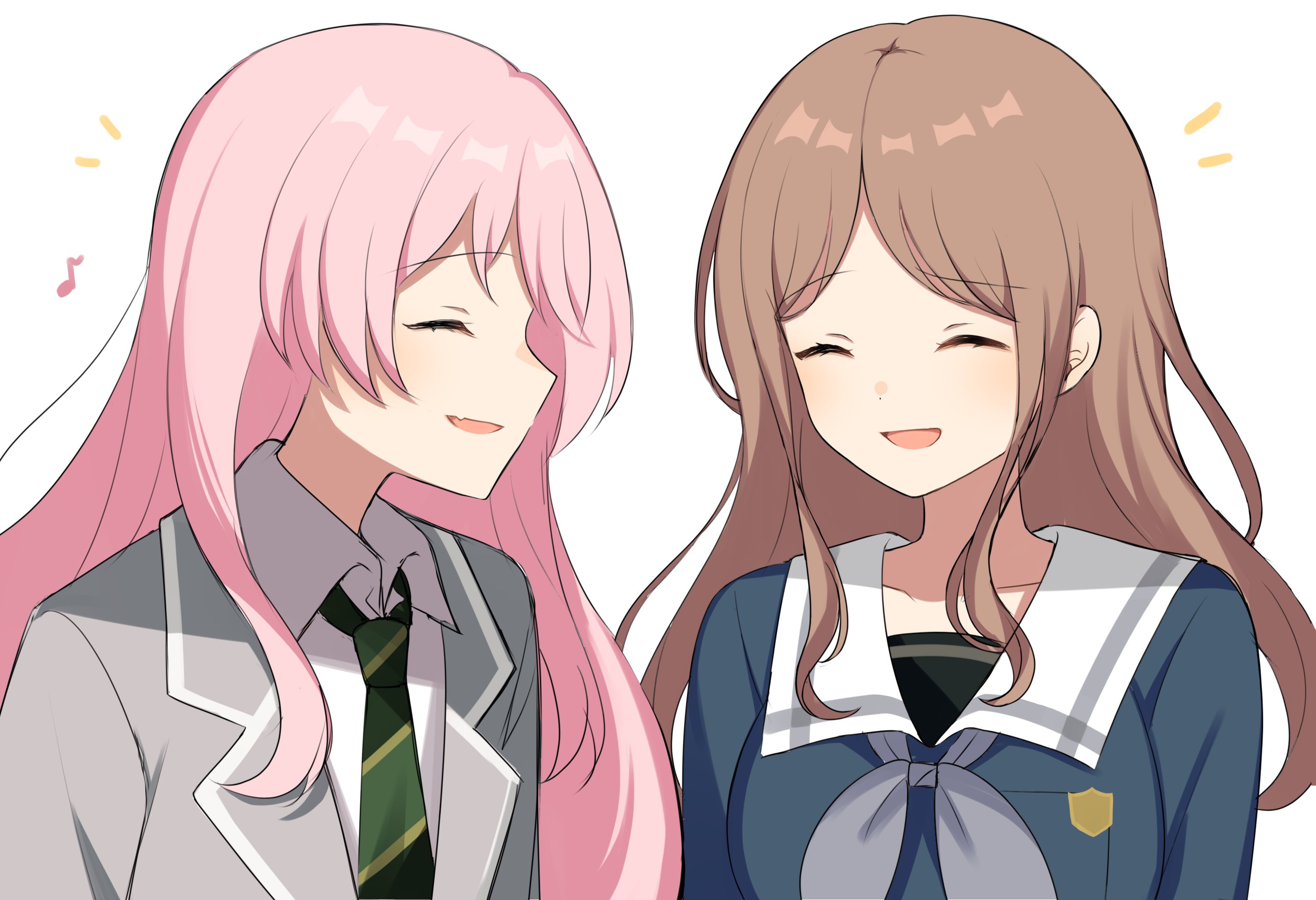 hiruver, chihaya anon, nagasaki soyo, bang dream!, bang dream! it's mygo!!!!!, highres, 2girls, blue shirt, brown hair, closed eyes, collared shirt, eighth note, fang, green necktie, grey jacket, grey neckerchief, haneoka school uniform, jacket, long hair, multiple girls, musical note, neckerchief, necktie, open mouth, pink hair, sailor collar, school uniform, shirt, simple background, skin fang, smile, tsukinomori school uniform, upper body, white background, white sailor collar, white shirt