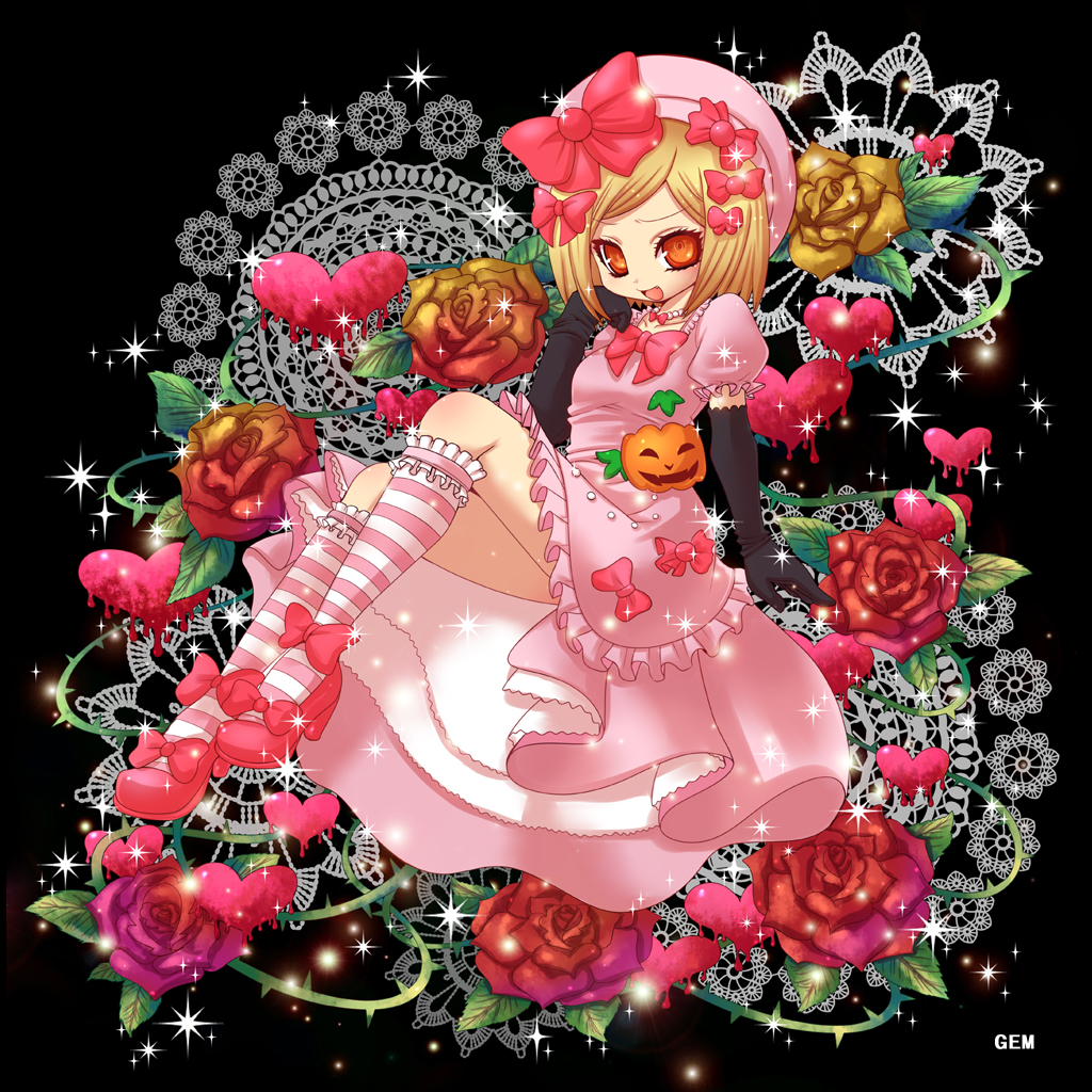 gem (ddt), gem (pixiv), lambdadelta, umineko no naku koro ni, bad id, bad pixiv id, 00s, 1girl, blonde hair, dress, elbow gloves, female focus, flower, gloves, hat, heart, kneehighs, orange eyes, pink dress, pink hat, plant, pumpkin, rose, short hair, socks, solo, striped clothes, striped socks, vines