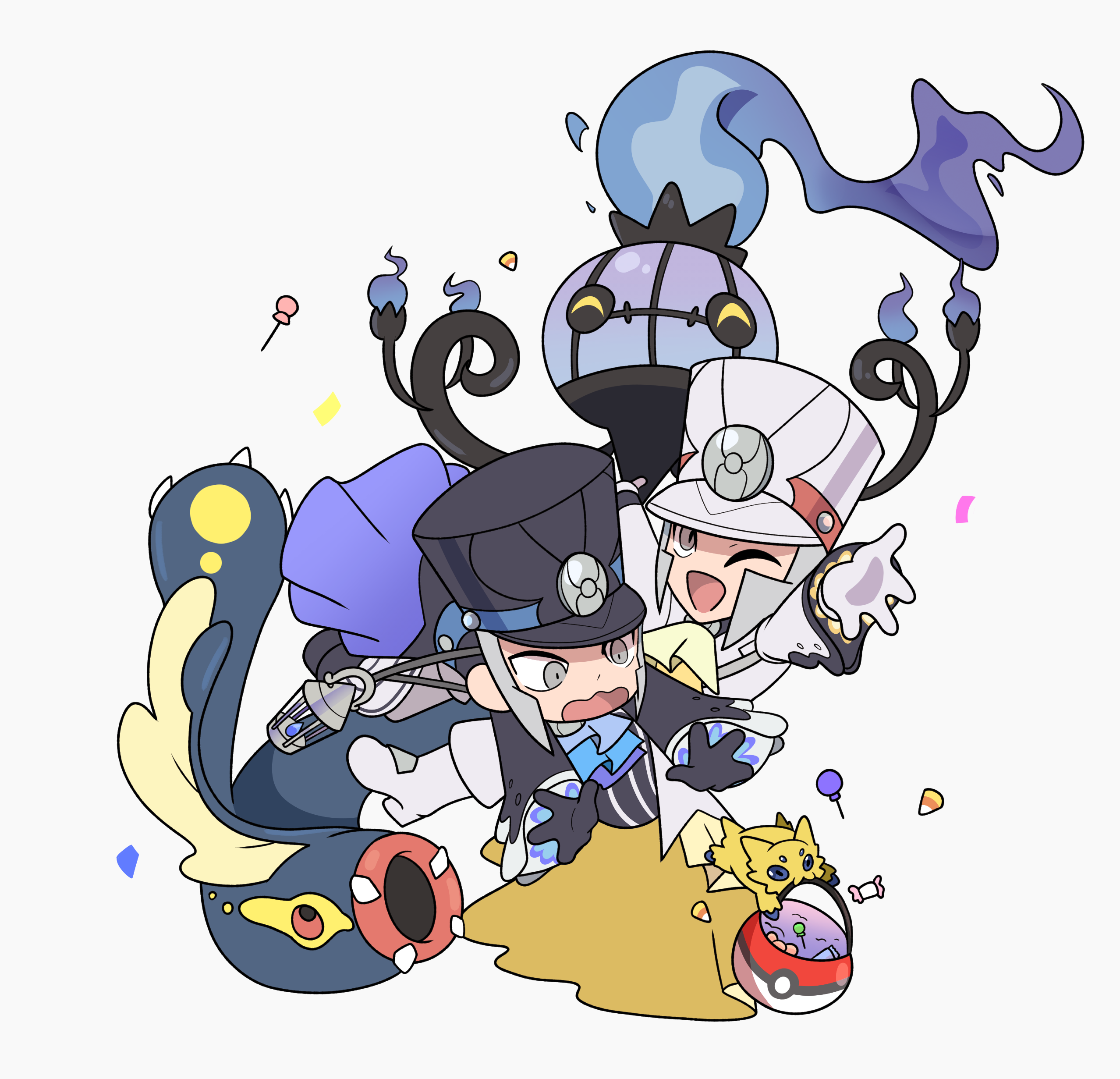 galaxysketches, chandelure, eelektross, emmet (pokemon), emmet (sygna suit) (pokemon), ingo (pokemon), ingo (sygna suit) (pokemon), joltik, nintendo, pokemon, pokemon masters ex, absurdres, highres, 2boys, ascot, black gloves, black hat, blue ascot, brothers, candy, chibi, confetti, cosplay, food, gen 5 pokemon, gloves, grey background, grey hair, hat, ingo (pokemon) (cosplay), lollipop, male focus, multiple boys, official alternate costume, one eye closed, pokemon (creature), siblings, simple background, white gloves, white hat, yellow ascot