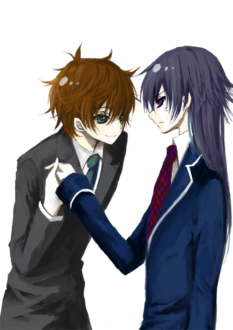 kainesato, kururugi suzaku, luluko, code geass, bad id, bad pixiv id, 00s, 1boy, 1girl, black hair, brown hair, formal clothes, genderswap, genderswap (mtf), long hair, short hair, simple background, white background