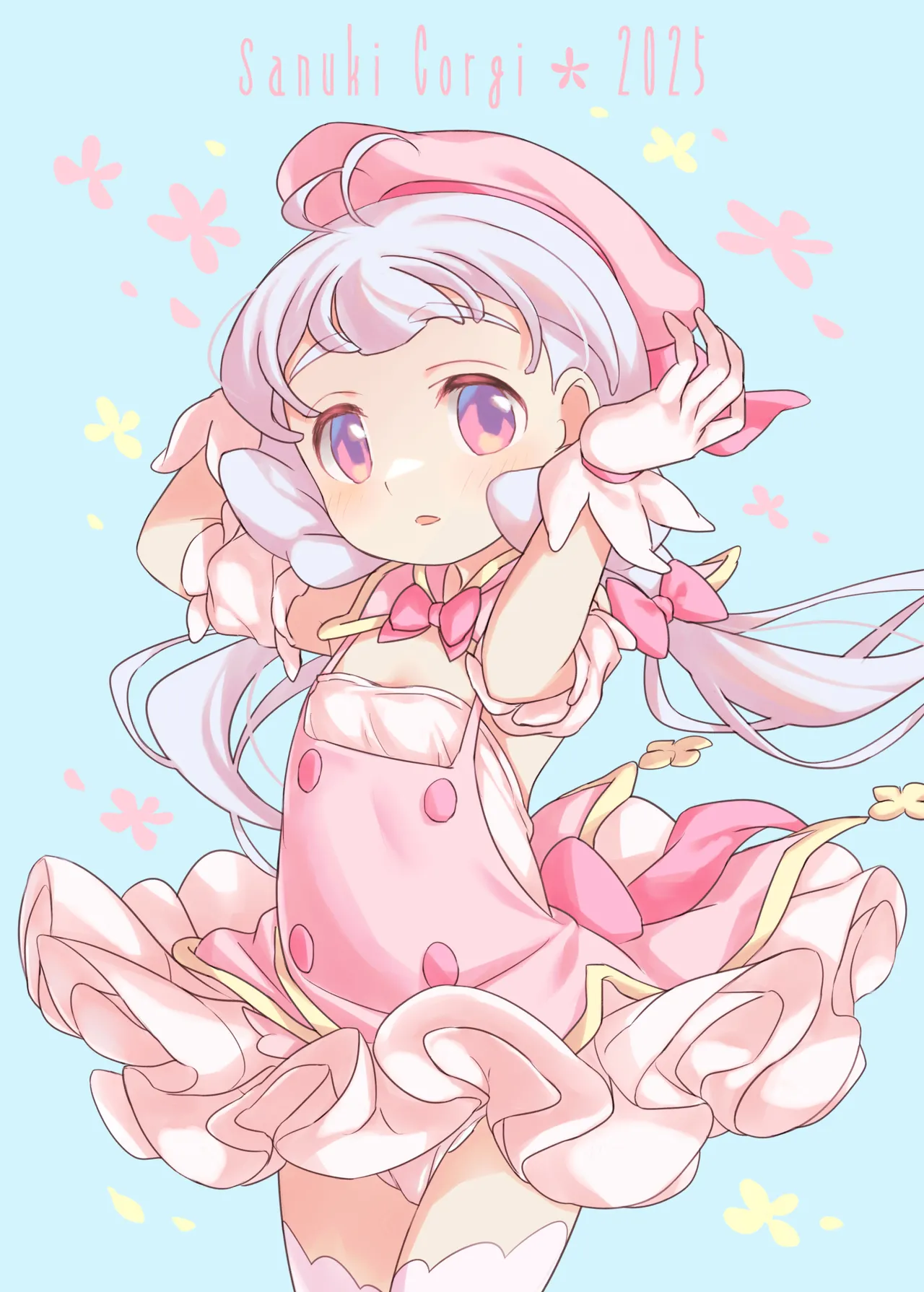 porocha, original, highres, 1girl, beret, blush, bow, bowtie, dress, frilled dress, frills, gloves, hat, long hair, magical girl, open mouth, panties, pink bow, pink bowtie, pink eyes, thighhighs, underwear, white gloves, white hair, white panties, white thighhighs