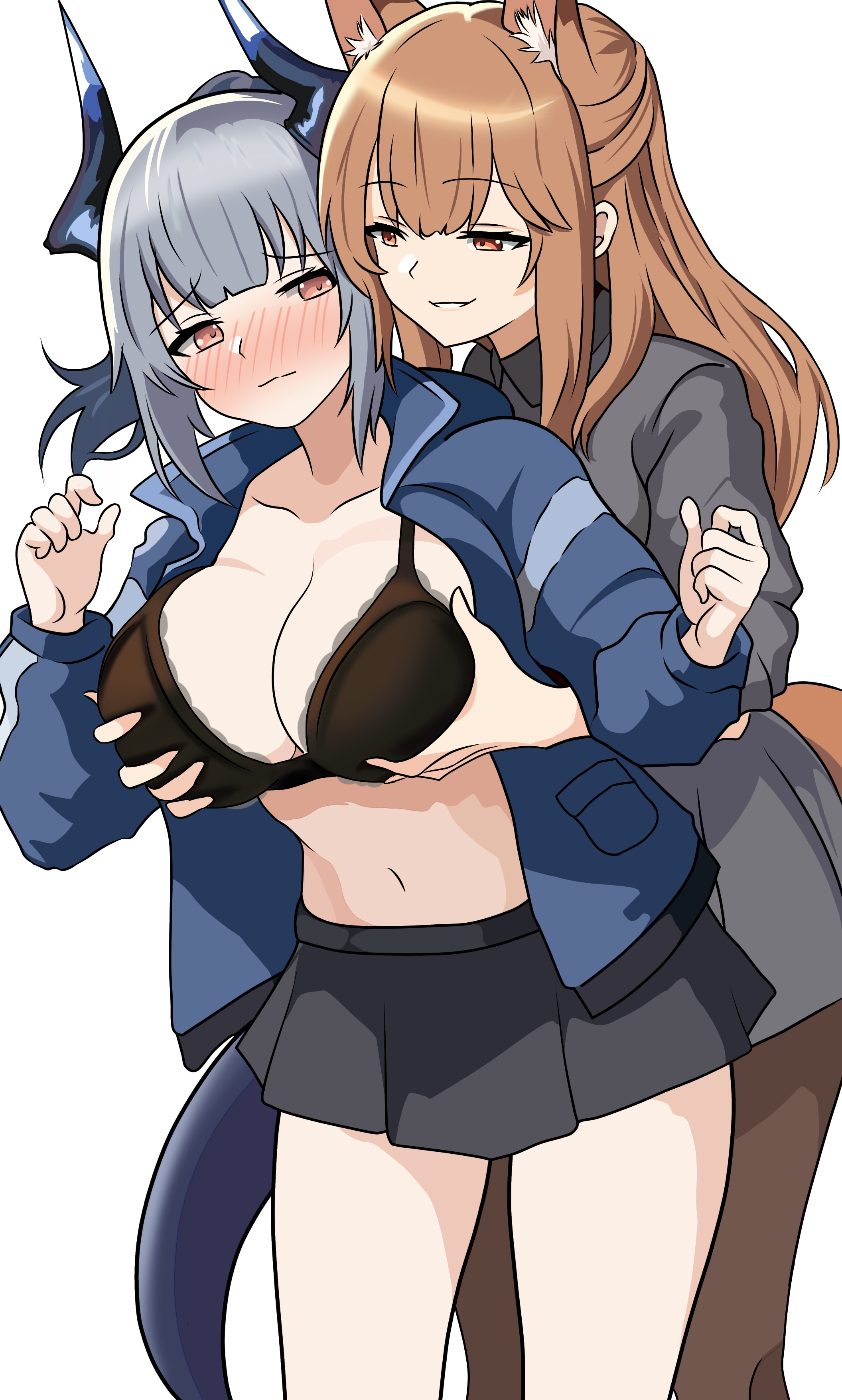 witchrosemary, franka (arknights), liskarm (arknights), arknights, absurdres, commentary, english commentary, highres, 2girls, animal ears, black bra, black pantyhose, blue jacket, blush, bra, braid, breasts, brown eyes, brown hair, cleavage, closed mouth, dragon horns, dragon tail, fox ears, fox girl, fox tail, grabbing another's breast, grabbing from behind, grey hair, grey shirt, grey skirt, groping, half up braid, horns, jacket, large breasts, multiple girls, open clothes, open jacket, pantyhose, parted lips, pink eyes, pleated skirt, shirt, simple background, skirt, smile, tail, underwear, white background, yuri