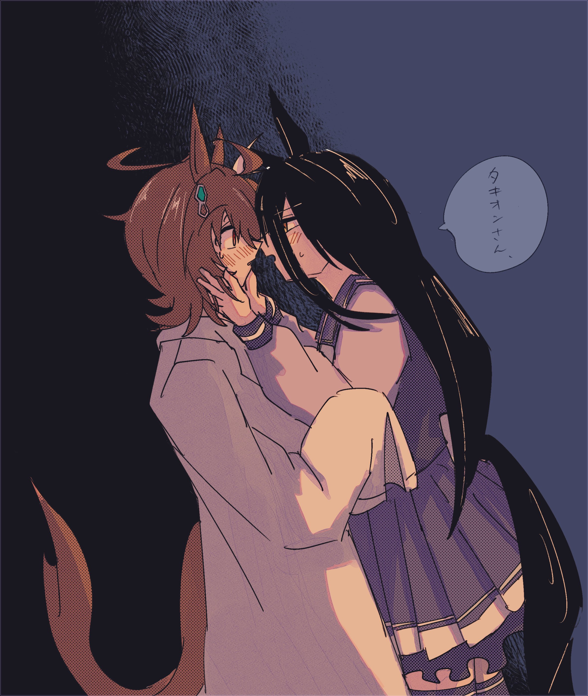 gachitamago, agnes tachyon (umamusume), manhattan cafe (umamusume), umamusume, absurdres, highres, 2girls, animal ears, black hair, blush, brown hair, horse ears, horse girl, horse tail, imminent kiss, lab coat, long hair, medium hair, multiple girls, open mouth, parted lips, pleated skirt, purple shirt, purple skirt, purple thighhighs, red eyes, school uniform, shirt, skirt, sweat, tail, thighhighs, tracen school uniform, yuri