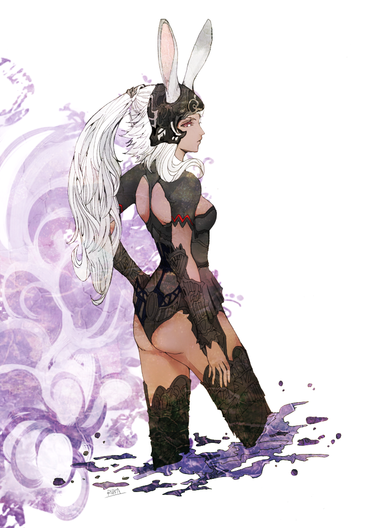 ruka (blueplus84), fran (ff12), final fantasy, final fantasy xii, 1girl, animal ears, ass, black helmet, breasts, closed mouth, dark-skinned female, dark skin, ears through headwear, helmet, long hair, ponytail, rabbit ears, red eyes, small breasts, solo, viera, white hair