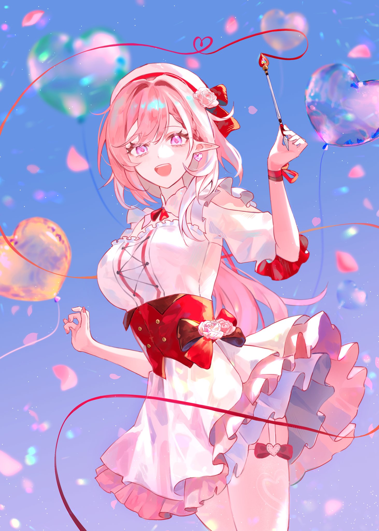 elysia (hi love elf) (honkai impact), elysia (honkai impact), honkai (series), honkai impact 3rd, commentary request, highres, 1girl, balloon, blue sky, breasts, diamond-shaped pupils, diamond (shape), dress, elf, heart balloon, holding ribbon baton, large breasts, long hair, looking at viewer, open mouth, pink hair, pointy ears, purple eyes, sky, solo, ssamsa0404, symbol-shaped pupils, thighhighs, very long hair, white dress, white thighhighs