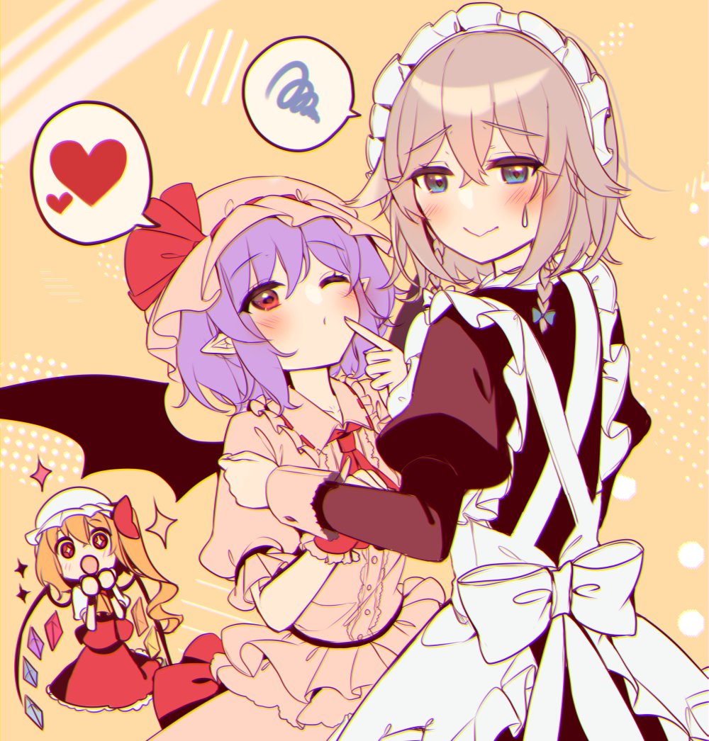 kirero, flandre scarlet, izayoi sakuya, remilia scarlet, touhou, 3girls, apron, bat wings, black dress, blonde hair, blue eyes, blush, crystal wings, double-parted bangs, dress, finger to mouth, grey hair, hands up, heart, long hair, long sleeves, looking at another, looking at viewer, maid, maid apron, maid headdress, medium hair, multiple girls, one eye closed, one side up, open mouth, pink shirt, pink skirt, pointy ears, puckered lips, puffy long sleeves, puffy sleeves, purple hair, red eyes, red skirt, shirt, skirt, skirt set, sparkle, spoken heart, spoken squiggle, squiggle, star-shaped pupils, star (symbol), sweatdrop, symbol-shaped pupils, wings, yellow background