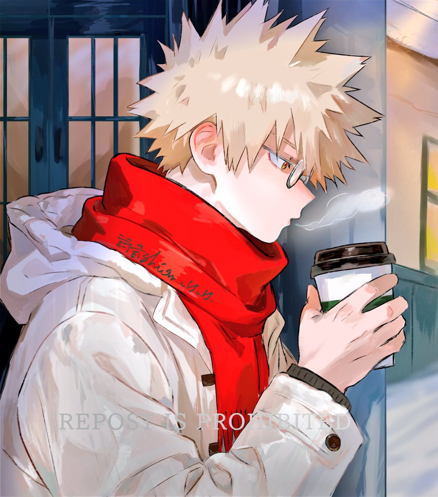 bakugou katsuki, boku no hero academia, 1boy, bespectacled, blonde hair, breath, coat, cup, disposable coffee cup, disposable cup, glasses, holding, holding cup, hood, hood down, hooded coat, long sleeves, male focus, orange eyes, outdoors, profile, red scarf, scarf, shion o0o0, short hair, solo, spiked hair, upper body, watermark, white coat