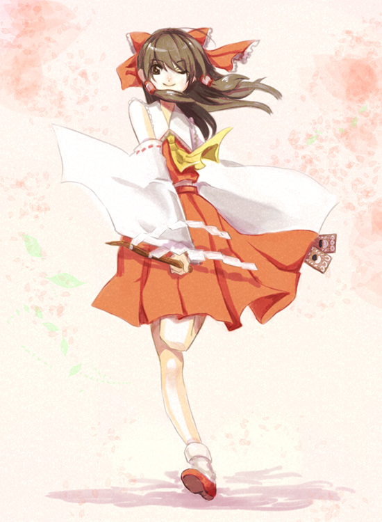 meet (105r), hakurei reimu, touhou, bad id, bad pixiv id, 1girl, bow, brown eyes, brown hair, detached sleeves, female focus, gohei, hair bow, japanese clothes, looking at viewer, miko, ofuda, one eye closed, short hair, smile, solo, wink