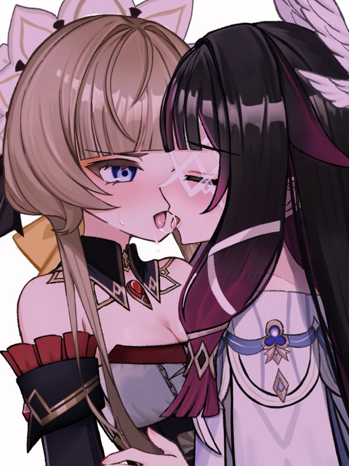 columbina (genshin impact), sandrone (genshin impact), genshin impact, commentary, hashtag-only commentary, 2girls, bare shoulders, black hair, blue eyes, blush, breasts, brown hair, cleavage, closed eyes, detached sleeves, dress, irodo 1024, large breasts, long hair, looking at another, multiple girls, open mouth, purple streaks, saliva, saliva trail, simple background, tongue, tongue out, white background, white dress, yuri