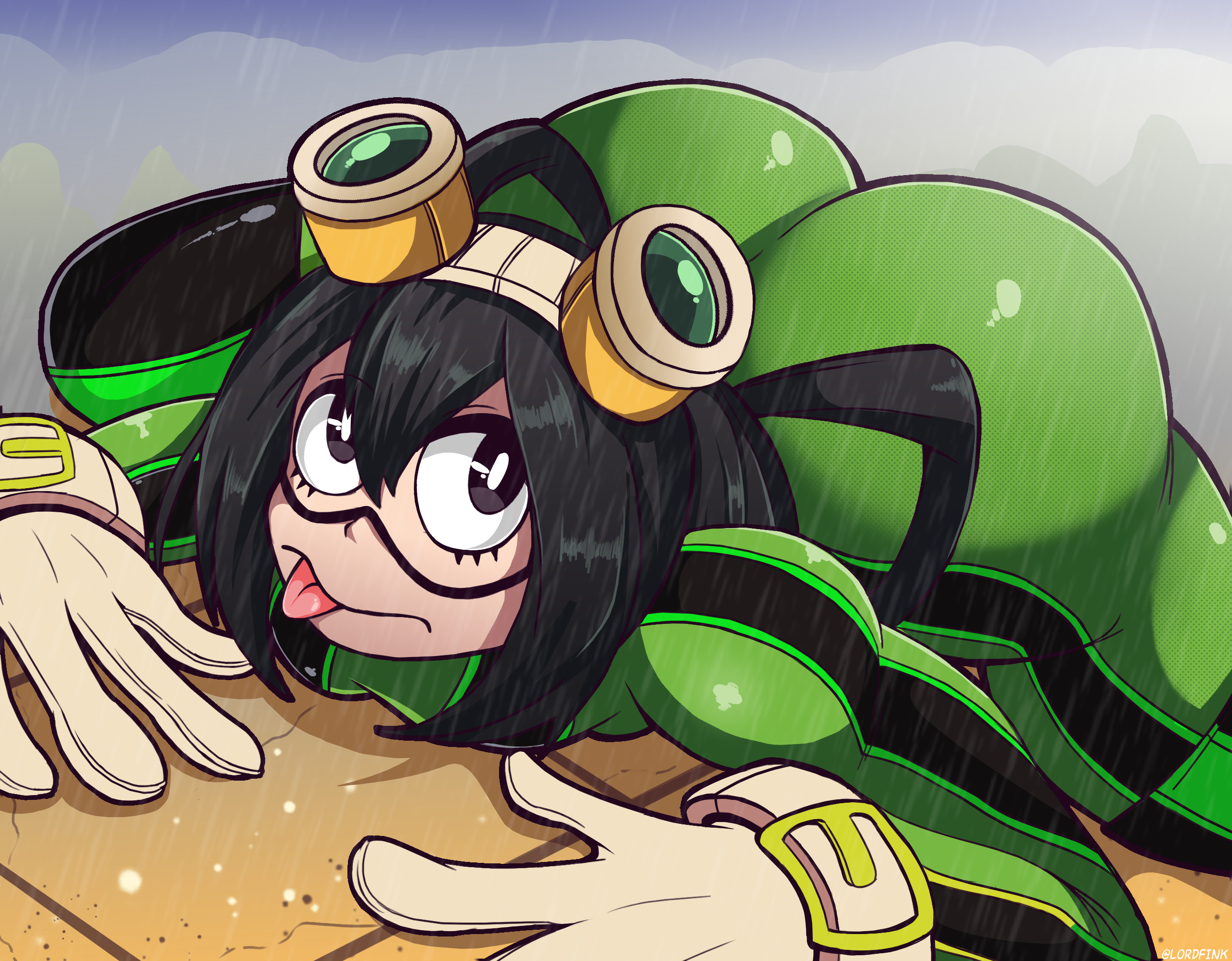 lordfink, asui tsuyu, boku no hero academia, 1girl, all fours, ass, asui tsuyu (hero outfit), black eyes, black hair, bodysuit, breasts, female focus, gloves, goggles, goggles on head, green bodysuit, huge ass, matching hair/eyes, skin tight, solo, superhero costume, tongue, tongue out, white gloves