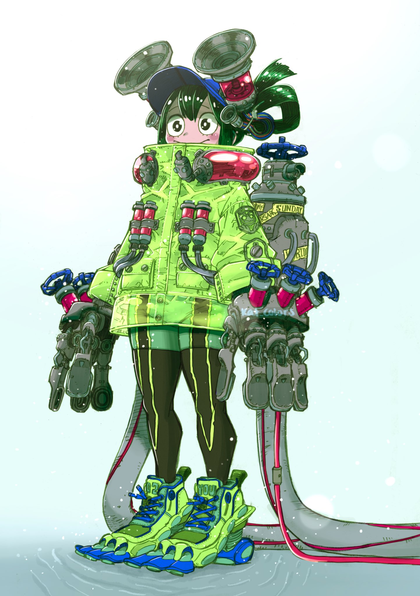 kat colors, asui tsuyu, boku no hero academia, 1girl, asui tsuyu (hero outfit), black eyes, bodysuit, closed mouth, female focus, green bodysuit, green hair, smile, solo, superhero costume