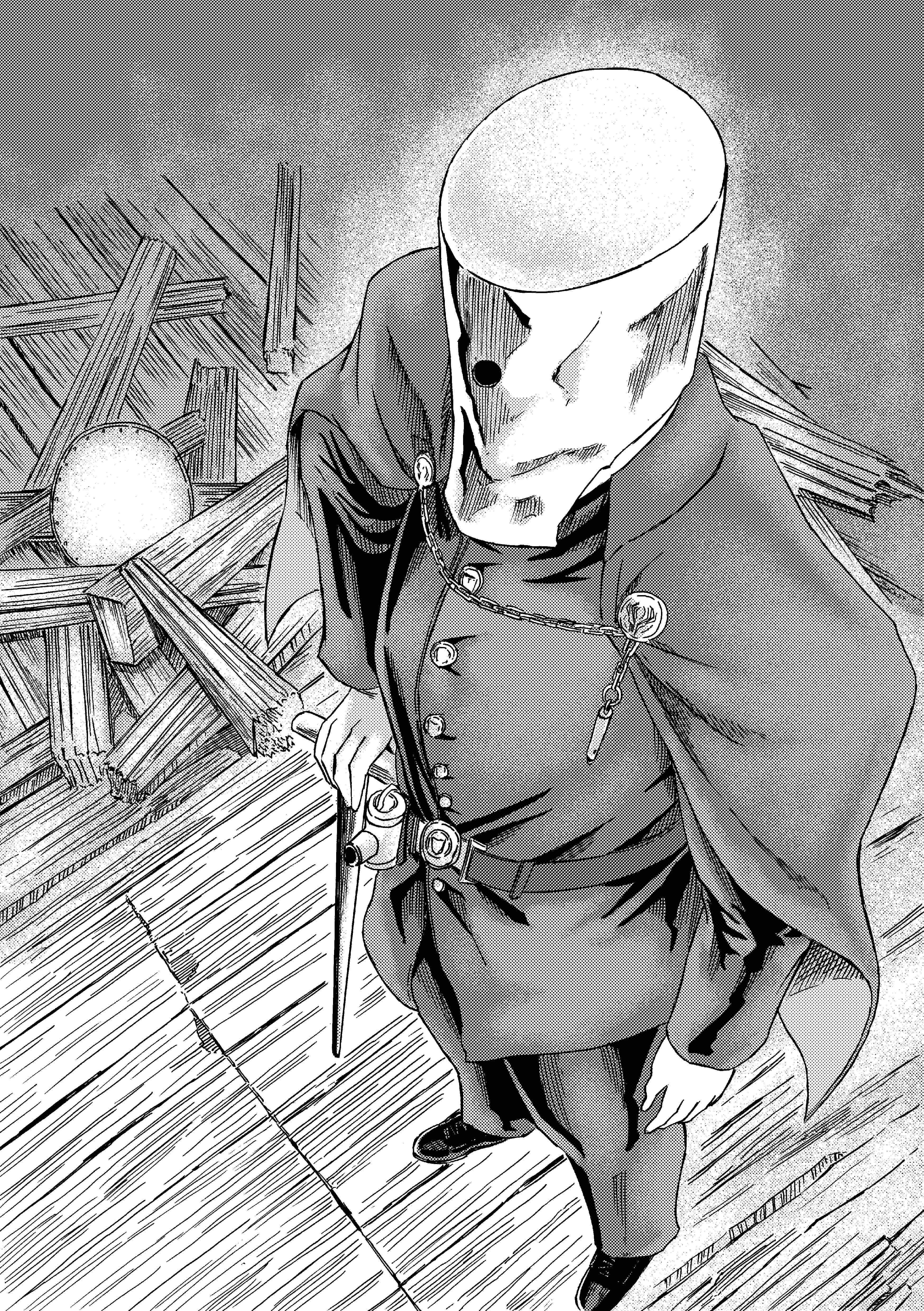 913kousatu, valtr (bloodborne), bloodborne, absurdres, commentary request, highres, 1boy, bag on head, cane, cape, coat, full body, greyscale, holding, holding cane, male focus, monochrome, pants, shoes, solo, standing, wooden floor