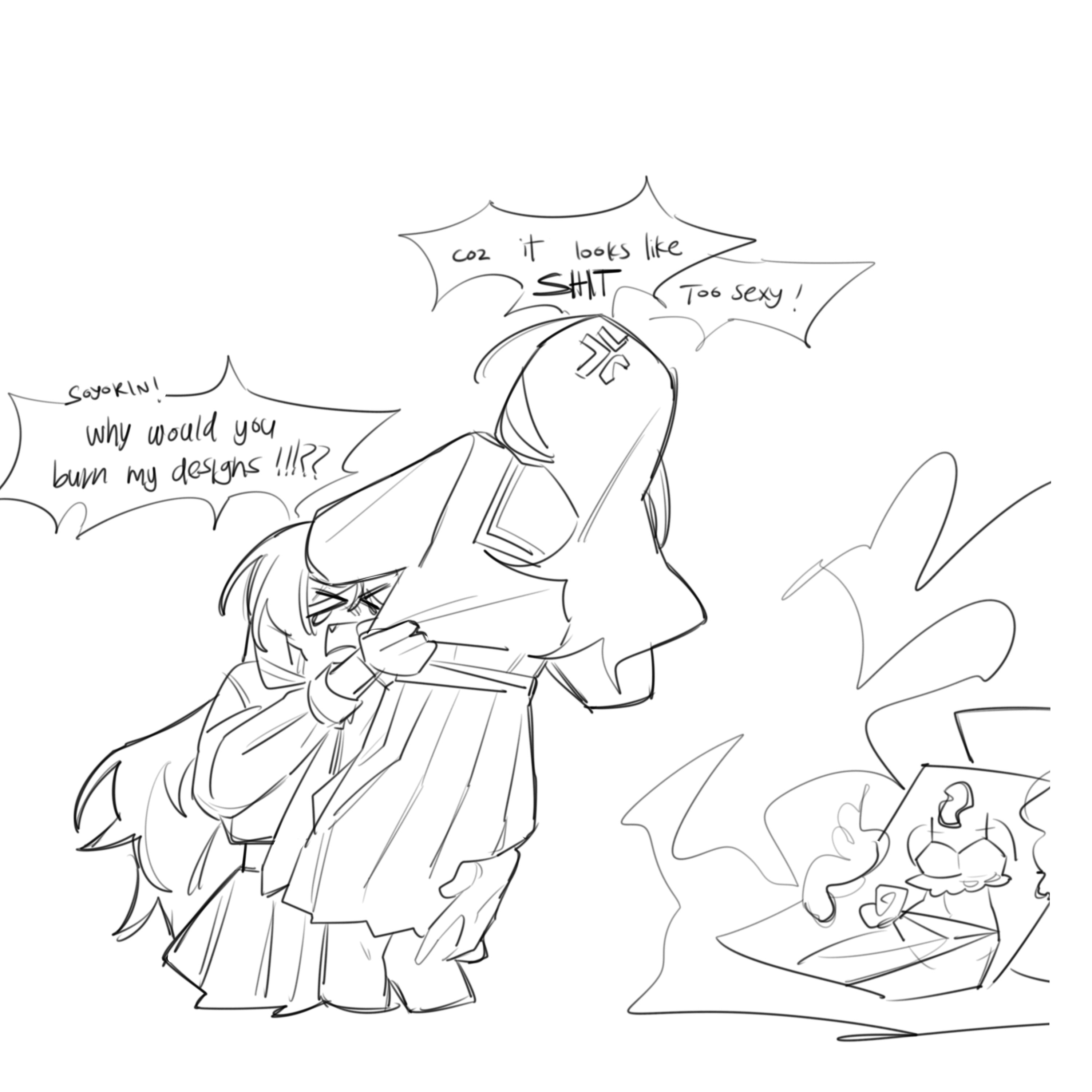 michiiyuri, chihaya anon, nagasaki soyo, bang dream!, bang dream! it's mygo!!!!!, absurdres, highres, > <, 2girls, english text, fang, fire, greyscale, haneoka school uniform, long sleeves, monochrome, multiple girls, necktie, pleated skirt, sailor collar, school uniform, shirt, skirt, speech bubble, tears, tsukinomori school uniform, yuri