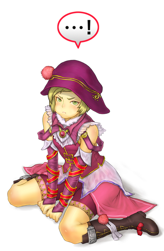 shuniku, khrynia, the last remnant, !, …, 1girl, female focus, hat, sitting, solo, speech bubble, spoken ellipsis, wariza