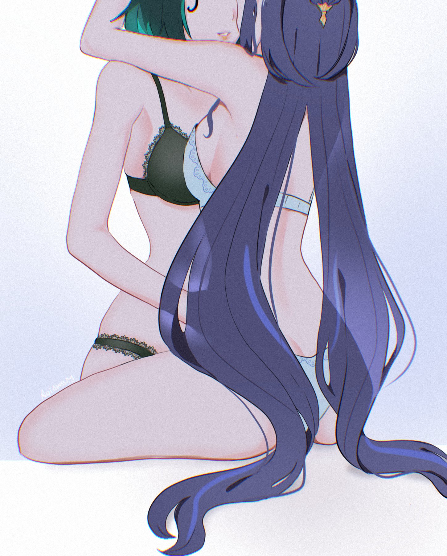 aoiabyss, lauma (genshin impact), nefer (genshin impact), genshin impact, commentary, highres, 2girls, artist name, black bra, black panties, bra, breast press, breasts, chromatic aberration, gradient background, green hair, hand on another's waist, hug, large breasts, long hair, multiple girls, panties, parted lips, purple background, purple hair, short hair, sitting, smile, underwear, white background, white bra, white panties, yuri