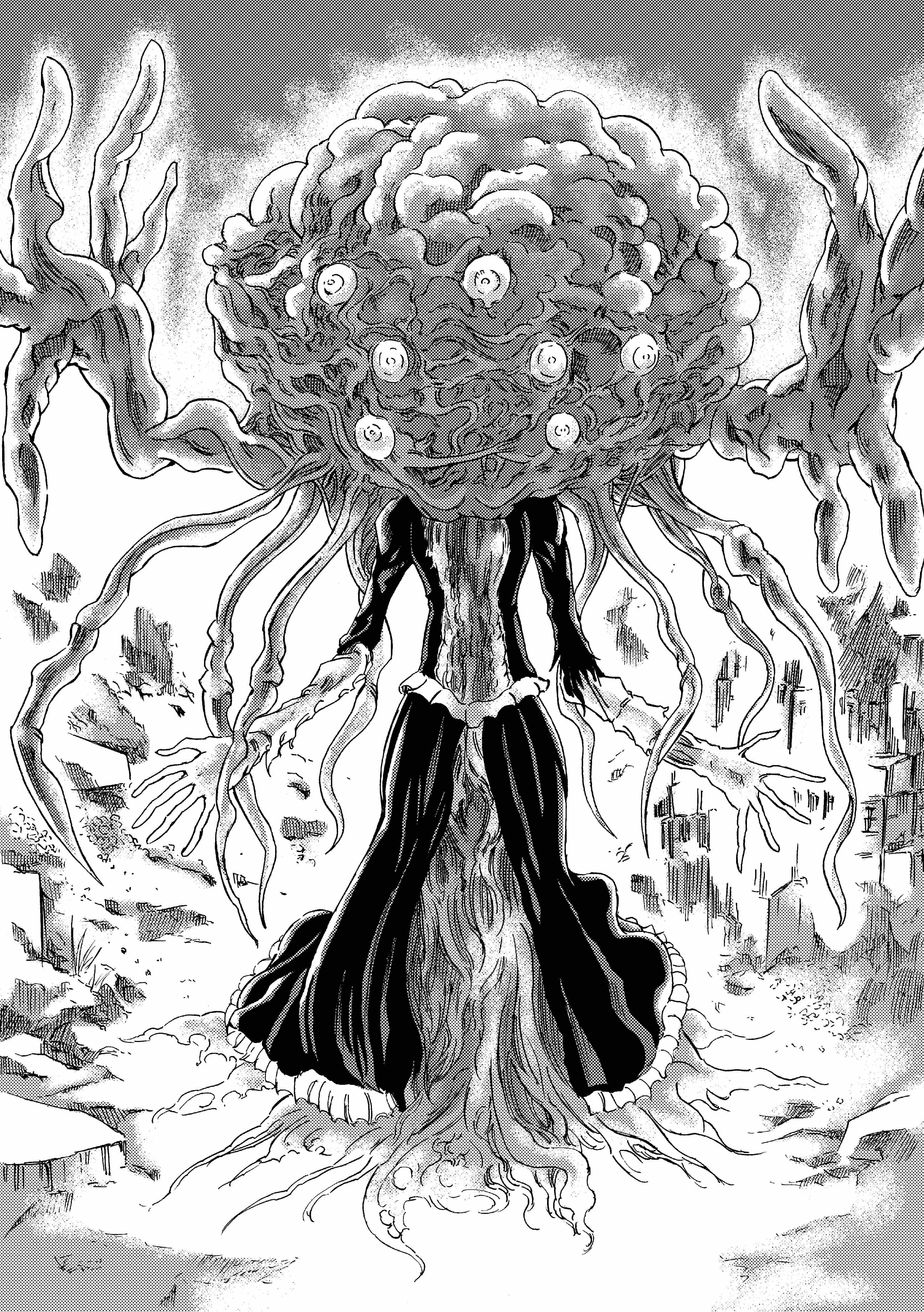 913kousatu, winter lantern, bloodborne, absurdres, commentary request, highres, dress, extra eyes, greyscale, long sleeves, looking at viewer, monochrome, monster, no humans, solo, tentacles