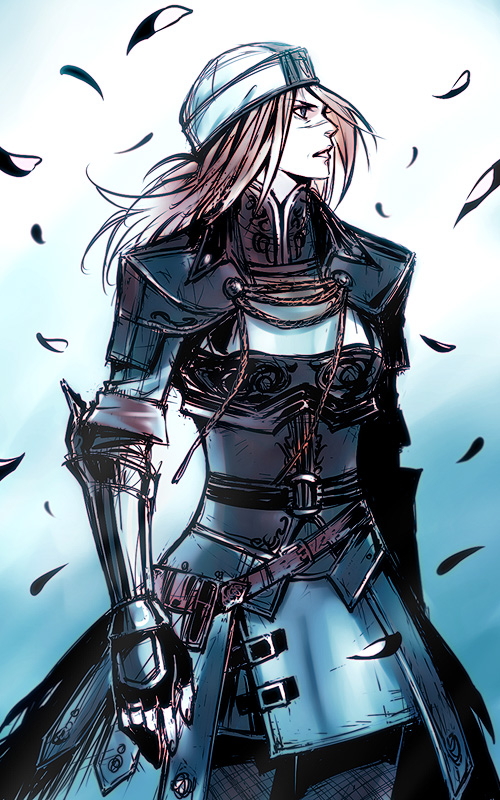 hataka nohito, emma honeywell, the last remnant, bad id, bad pixiv id, 1girl, armor, blonde hair, breastplate, breasts, female focus, gauntlets, helmet, looking afar, mature female, medium breasts, scar, simple background, solo, standing, white background