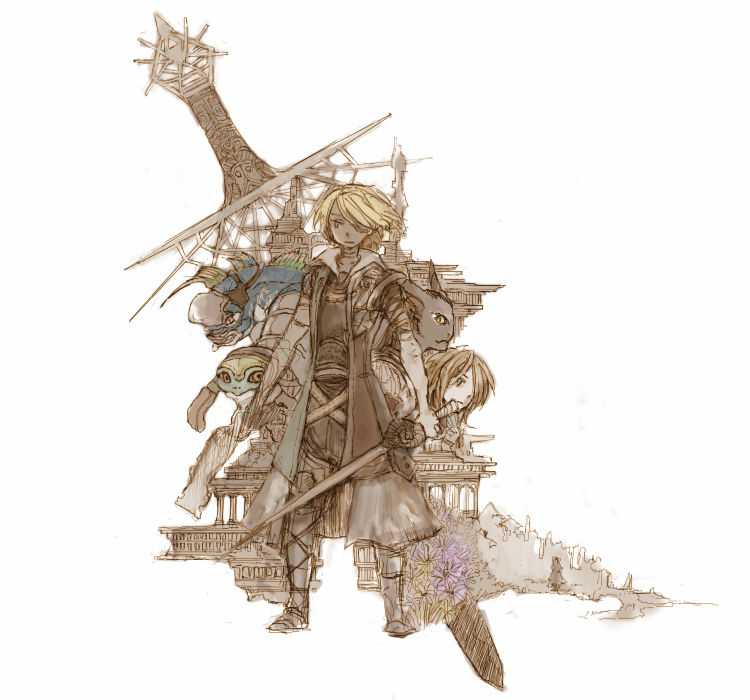 moi (pixiv), blocter, david nassau, emma honeywell, pagus, torgal, the last remnant, looking away, 1boy, 1girl, architecture, armor, belt, blonde hair, building, coat, creature, expressionless, floating hair, flower, full body, gun, hair over one eye, overcoat, silhouette, standing, sword, weapon