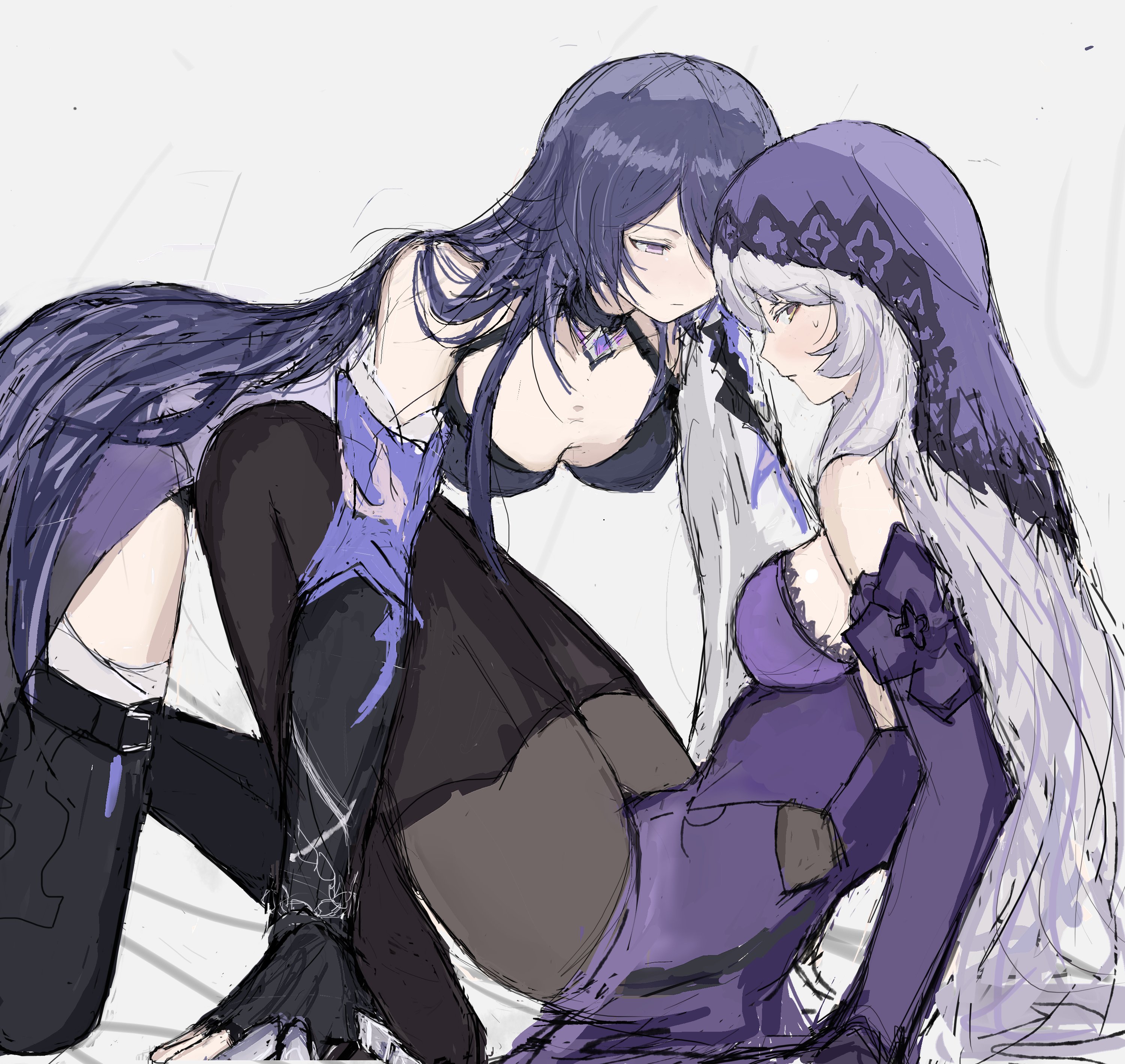 92837lan, acheron (honkai: star rail), black swan (honkai: star rail), honkai: star rail, honkai (series), absurdres, highres, 2girls, bare shoulders, black pantyhose, black thighhighs, blush, breasts, cleavage, closed mouth, dress, elbow gloves, gloves, long hair, looking at another, medium breasts, multiple girls, pantyhose, purple dress, purple eyes, purple gloves, purple hair, sweat, thighhighs, veil, yuri