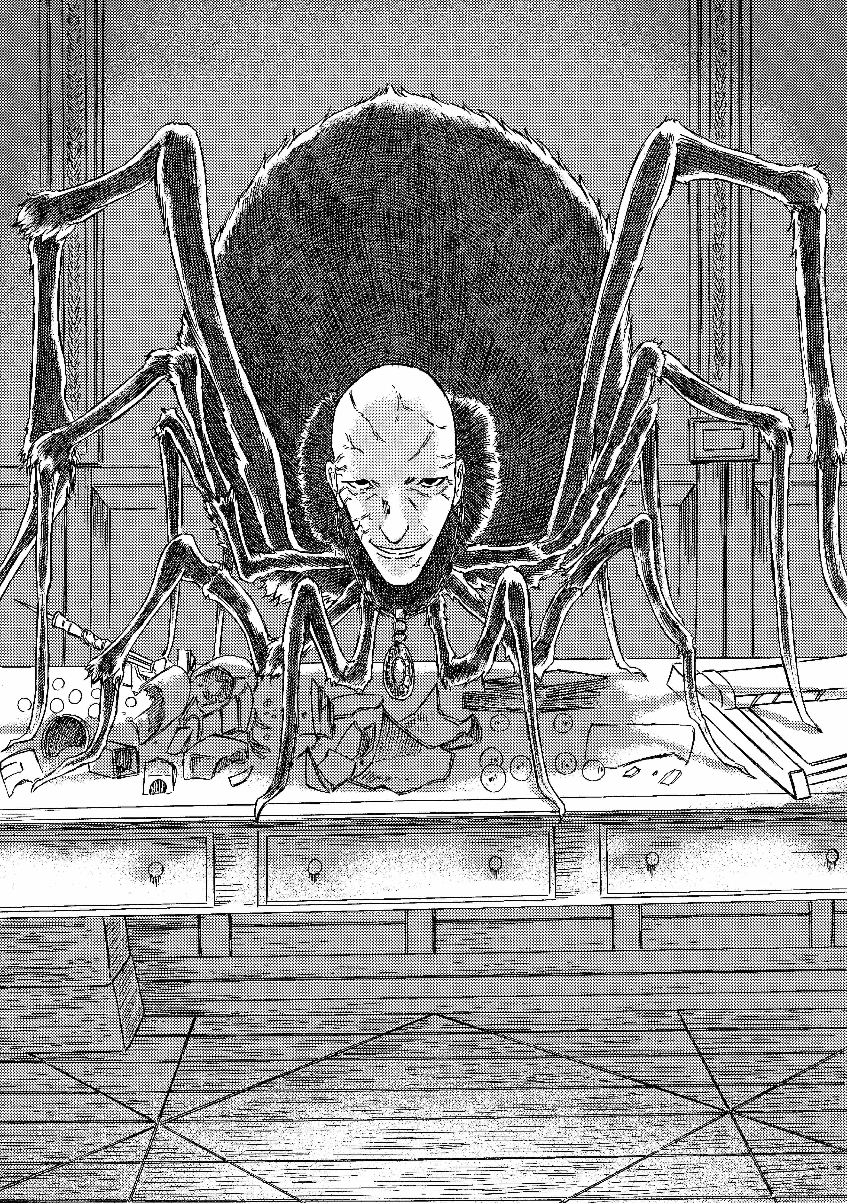 913kousatu, patches (fromsoftware), bloodborne, absurdres, commentary request, highres, 1boy, bald, bug, full body, greyscale, human head, indoors, looking at viewer, male focus, monochrome, solo, spider, table