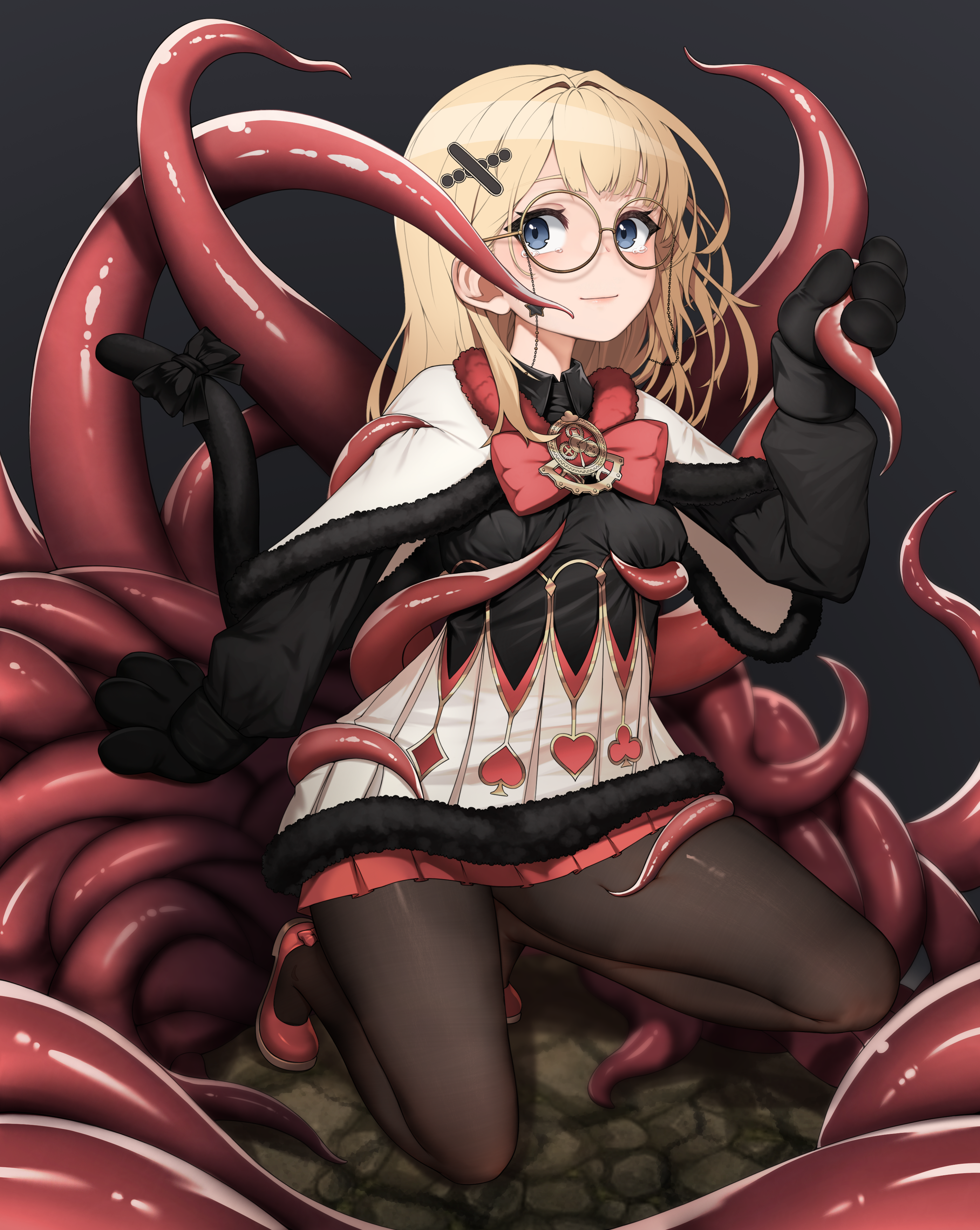 black desert online, absurdres, artist request, commission, highres, second-party source, 1girl, animal hands, back bow, black background, black dress, black gloves, black pantyhose, black tail, blonde hair, blue eyes, blush, bow, bowtie, brooch, capelet, cat tail, closed mouth, club (shape), consensual tentacles, dress, eyewear strap, full body, fur-trimmed capelet, fur-trimmed dress, fur trim, glasses, gloves, grabbing another's breast, groping, hair ornament, jewelry, long hair, long sleeves, looking at viewer, pantyhose, paw gloves, playing card theme, pleated skirt, puffy long sleeves, puffy sleeves, red bow, red bowtie, red shoes, red skirt, round eyewear, shai (black desert), shoes, skirt, spade (shape), squatting, tail, tail bow, tail ornament, tearing up, tentacle grab, tentacle pit, tentacles, white capelet, white dress, wing collar, x hair ornament, yellow-framed eyewear