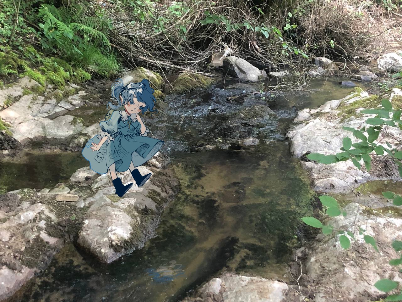 hatsburg, kawashiro nitori, touhou, commentary, english commentary, 1girl, :o, backpack, bag, black boots, blue dress, blue eyes, blue hair, blush stickers, boots, collared dress, day, deformed, dress, expressionless, finger to cheek, forest, frilled dress, frilled sleeves, frills, green bag, hair bobbles, hair ornament, key, leaf, looking down, medium dress, medium hair, mini person, minigirl, nature, no headwear, open mouth, outdoors, photo background, pleated dress, pocket, puffy short sleeves, puffy sleeves, rock, short sleeves, short twintails, solo, stream, twintails, wavy hair