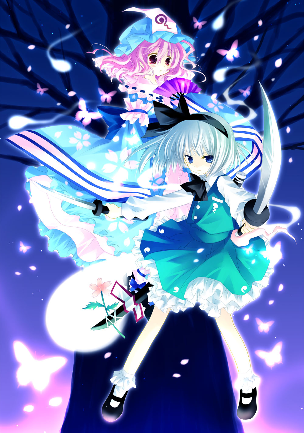sakurazawa izumi, konpaku youmu, konpaku youmu (ghost), saigyouji yuyuko, touhou, silver hair, highres, 2girls, blue eyes, bug, butterfly, dual wielding, female focus, ghost, hairband, hat, holding, katana, mary janes, multiple girls, pink eyes, pink hair, ribbon, shoes, short hair, sword, weapon