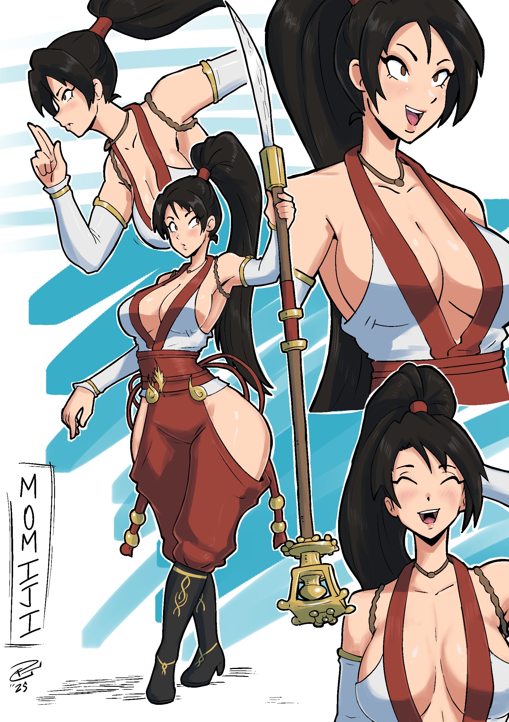 momiji (ninja gaiden), dead or alive, ninja gaiden, highres, 1girl, arm behind head, armpits, artist name, black hair, boots, breasts, brown eyes, character name, closed eyes, fighting stance, japanese clothes, jewelry, large breasts, legs, long hair, miko, multiple views, necklace, open mouth, pink lips, ponytail, sideboob, smile, solo, teeth, thighs, tongue, wide hips