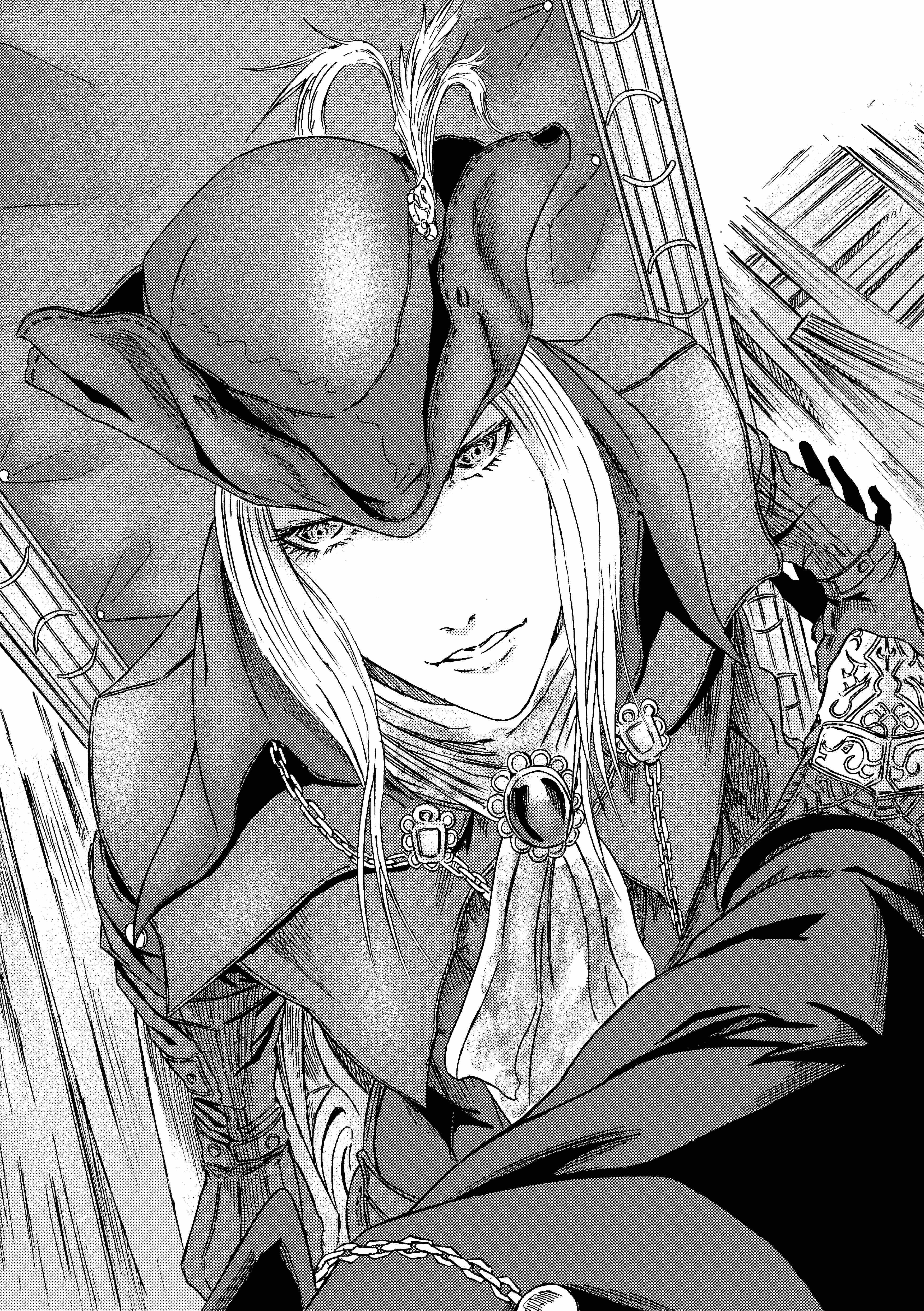 913kousatu, lady maria of the astral clocktower, bloodborne, absurdres, commentary request, highres, 1girl, ascot, brooch, coat, greyscale, hat, hat feather, jewelry, long sleeves, looking at viewer, monochrome, short hair, solo, tricorne, upper body