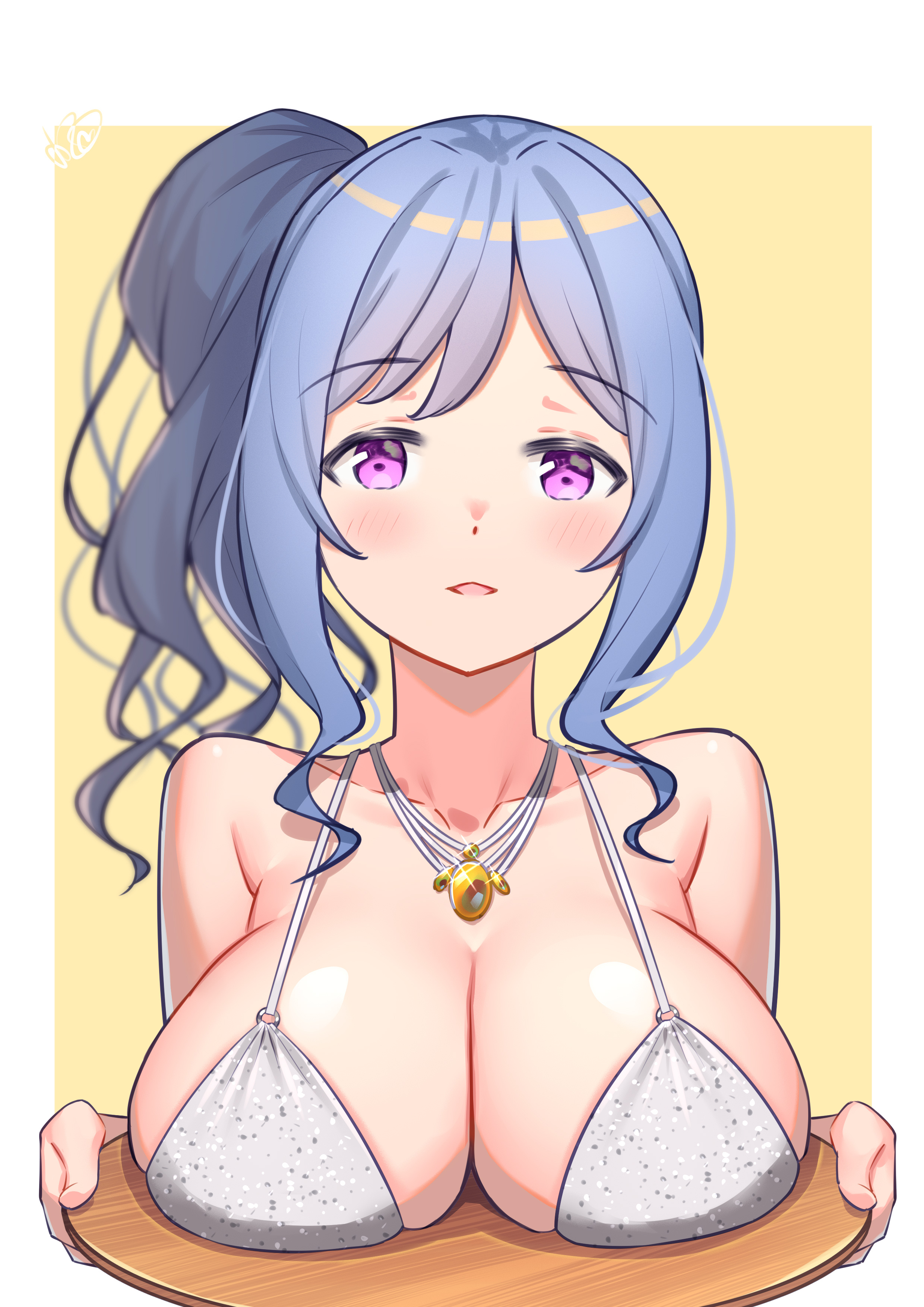 xiaoxi0619, st. louis (azur lane), azur lane, absurdres, chinese commentary, commentary request, highres, 1girl, bikini, blue hair, border, breast rest, breasts, breasts on tray, carried breast rest, carrying, holding, holding tray, jewelry, large breasts, light blush, looking at viewer, necklace, outside border, parted lips, purple eyes, side ponytail, smile, solo, swimsuit, tray, upper body, white bikini, white border, yellow background
